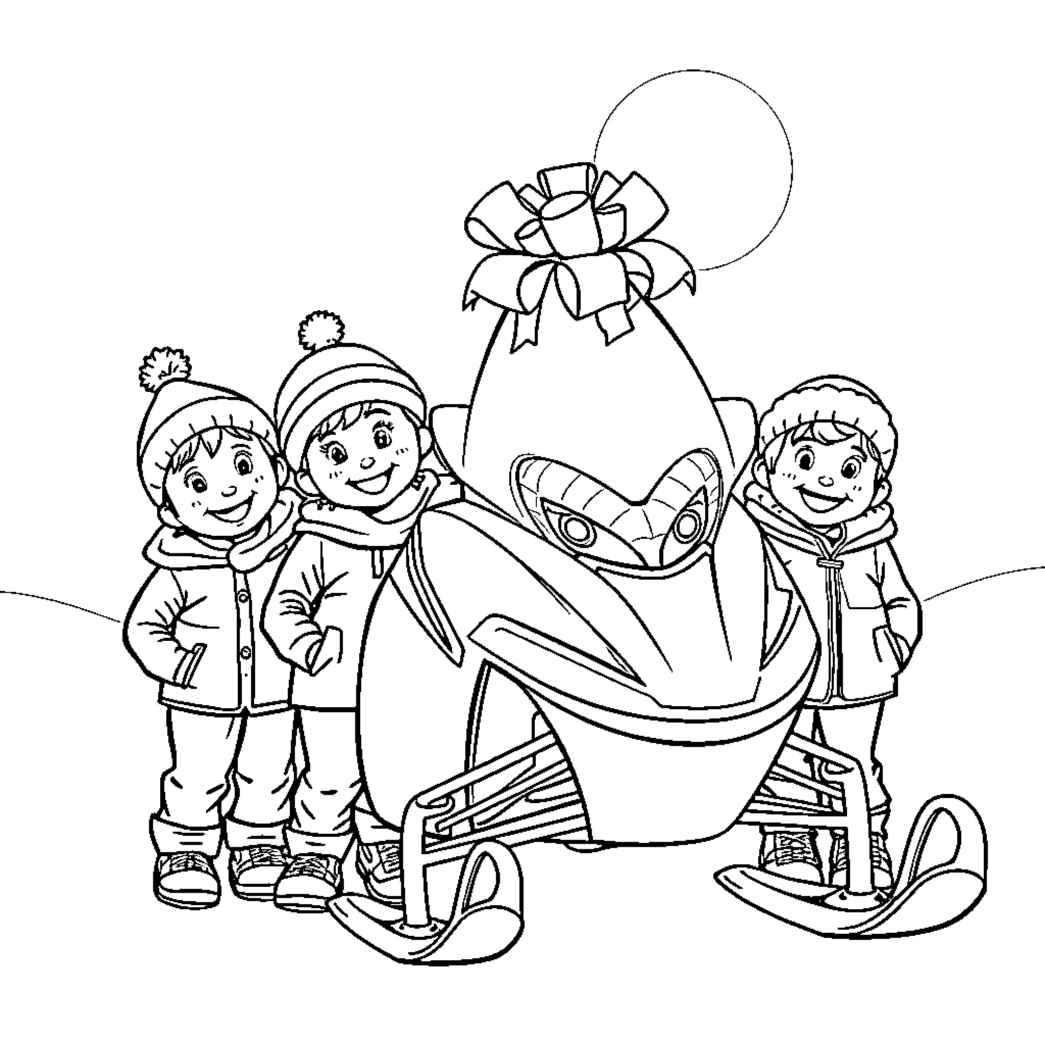 Kids bundled up for winter fun in the snow Coloring Page (free black-and-white line drawing printable PDF for all, from beginners to advanced learners, including children, teens, adults, and seniors)