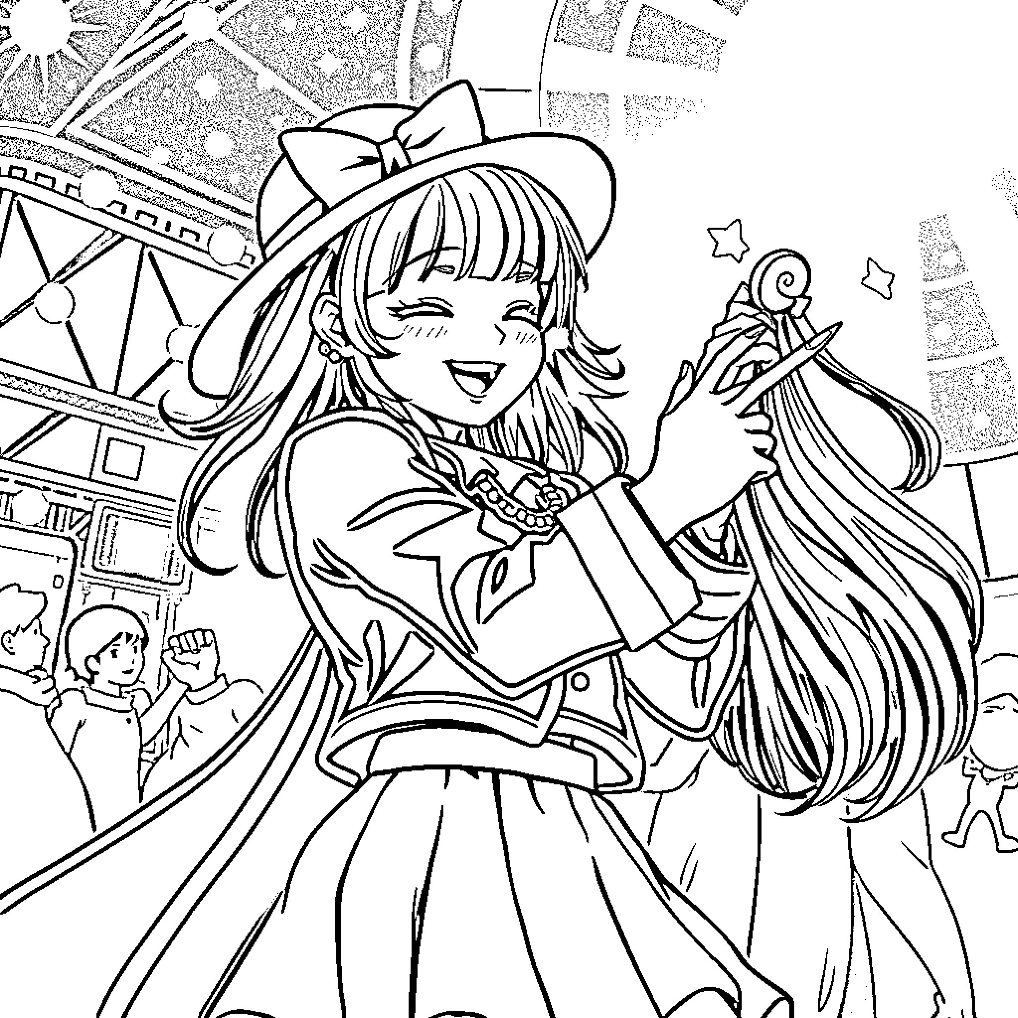Zoey's Colorful Carnival Adventure Coloring Page (free black-and-white line drawing printable PDF for all, from beginners to advanced learners, including children, teens, adults, and seniors)