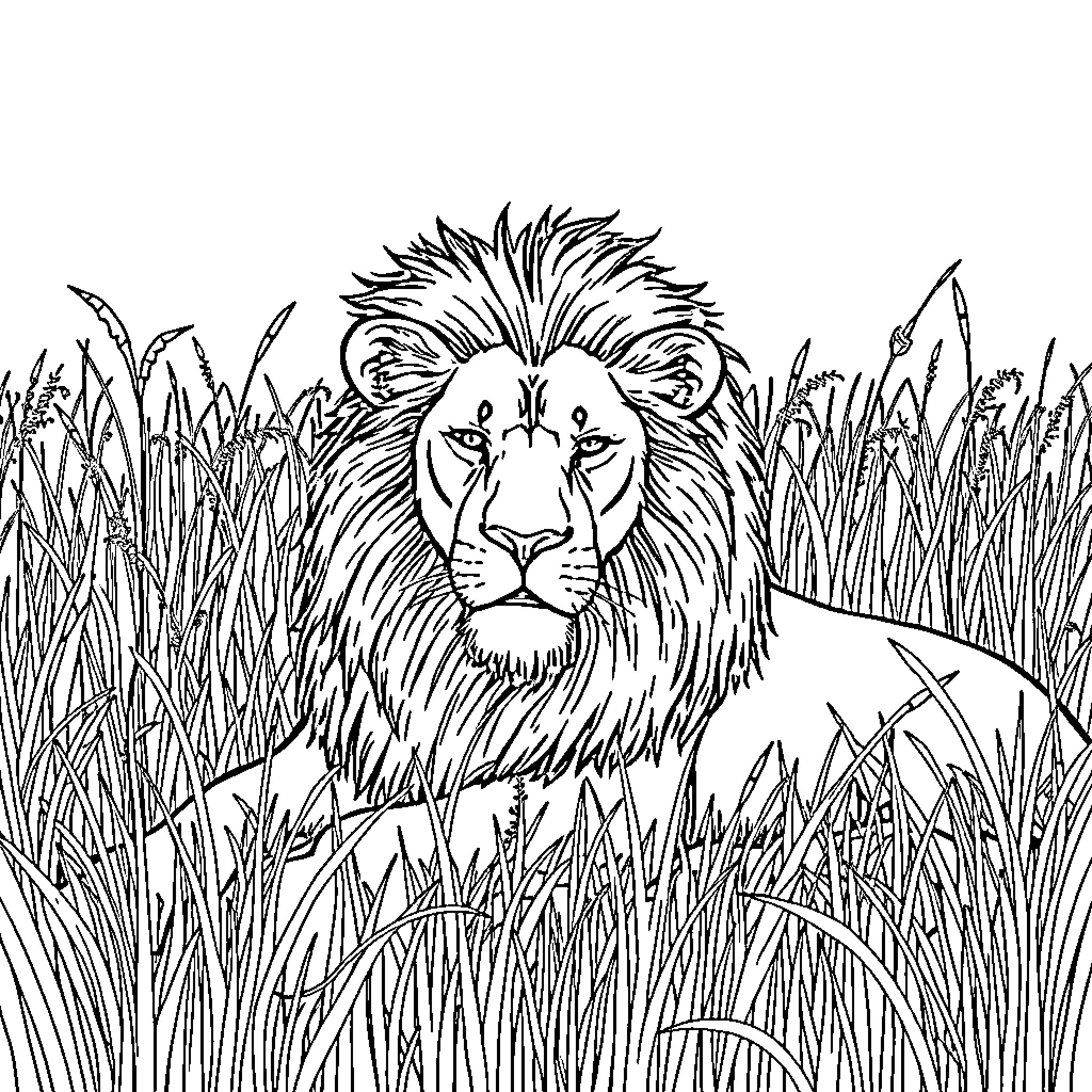 Lion lounging in tall grass Coloring Page (free black-and-white line drawing printable PDF for all, from beginners to advanced learners, including children, teens, adults, and seniors)