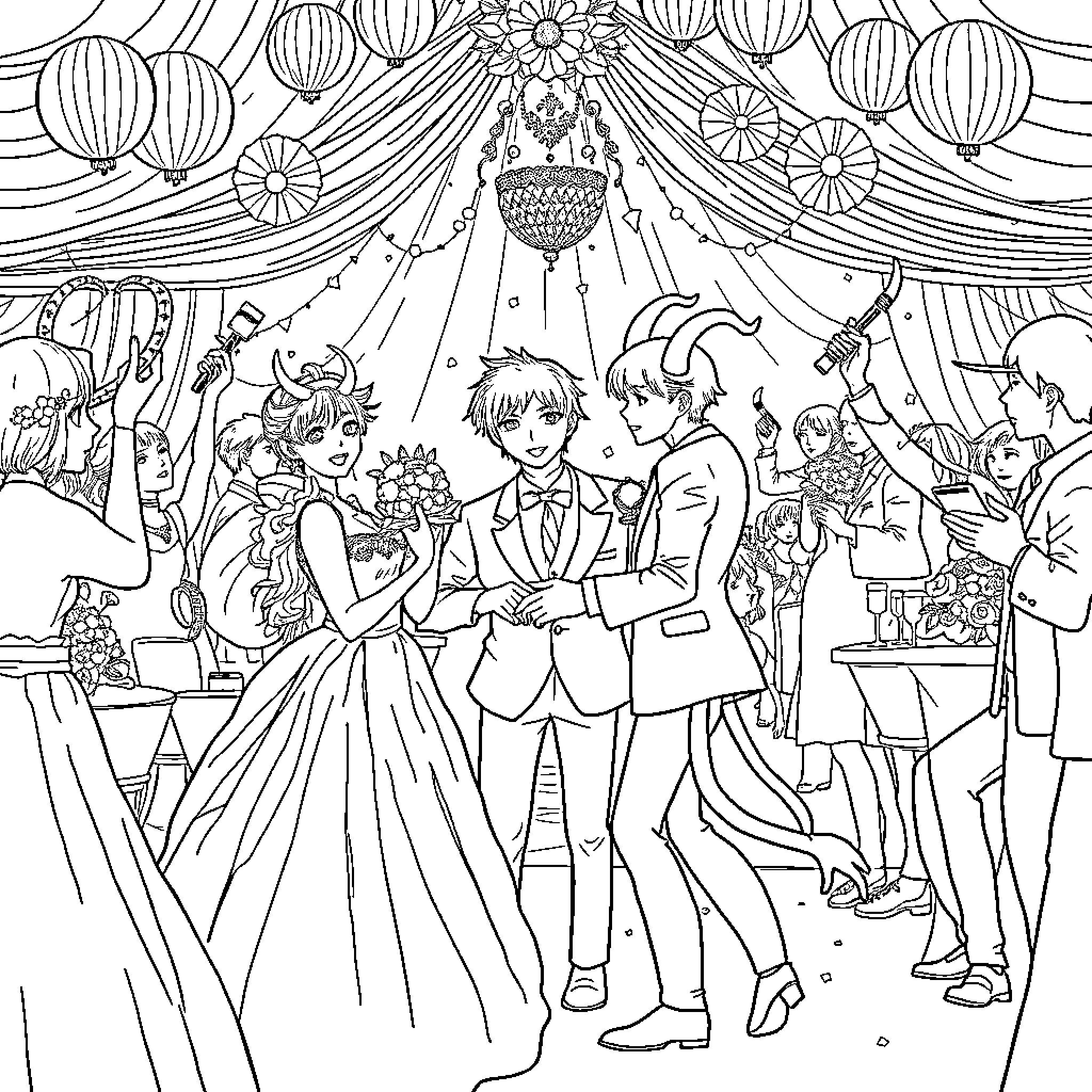 Demon Hunter Attends Lavish Masquerade Ball Coloring Page (free black-and-white line drawing printable PDF for all, from beginners to advanced learners, including children, teens, adults, and seniors)