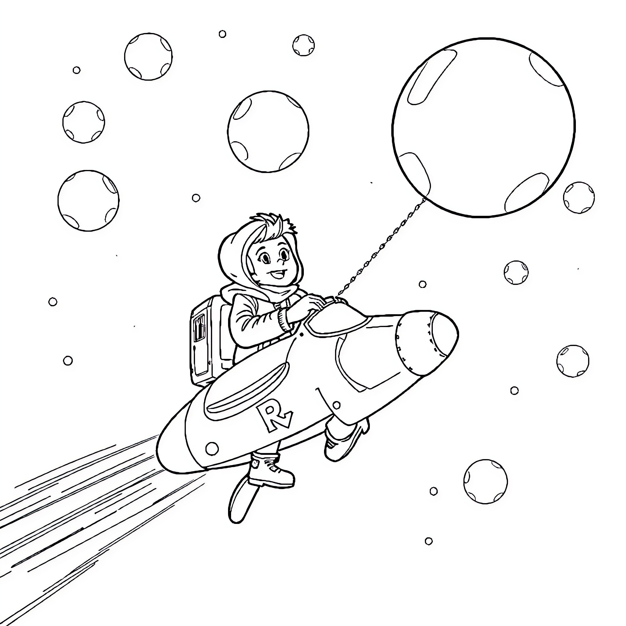 Ryder's Cosmic Adventure in a Rocket Ship Coloring Page (free black-and-white line drawing printable PDF for all, from beginners to advanced learners, including children, teens, adults, and seniors)