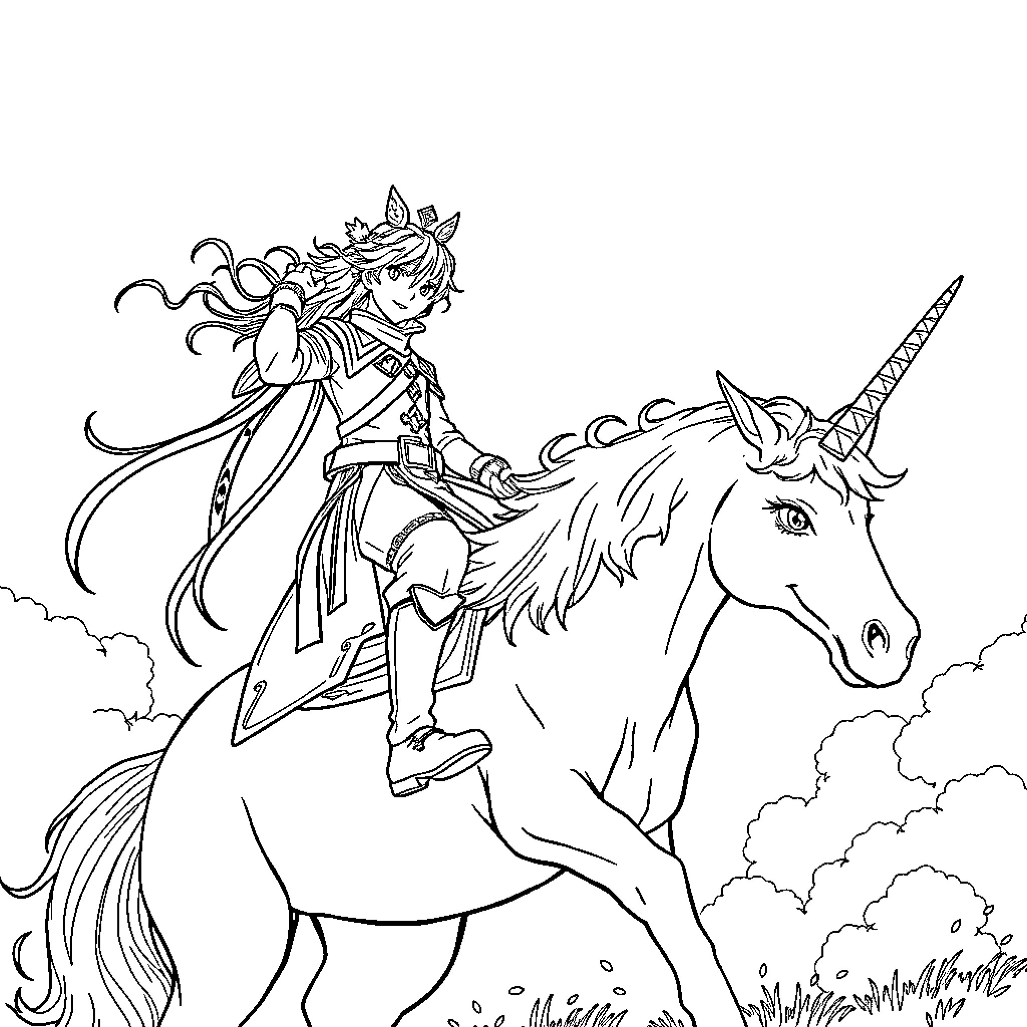 Rumi riding a majestic unicorn in a whimsical landscape Coloring Page (free black-and-white line drawing printable PDF for all, from beginners to advanced learners, including children, teens, adults, and seniors)