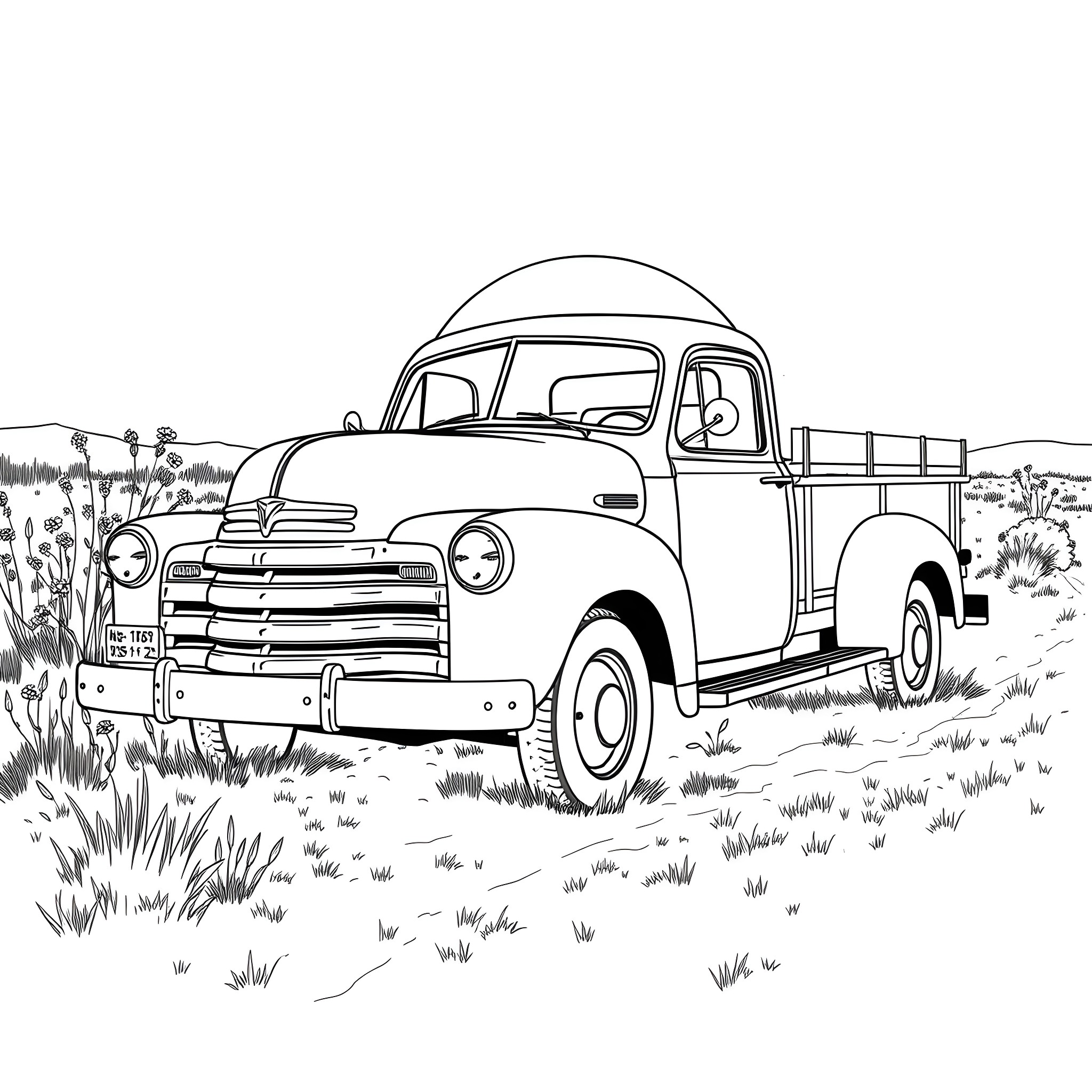 Truck parked in a grassy field Coloring Page (free black-and-white line drawing printable PDF for all, from beginners to advanced learners, including children, teens, adults, and seniors)