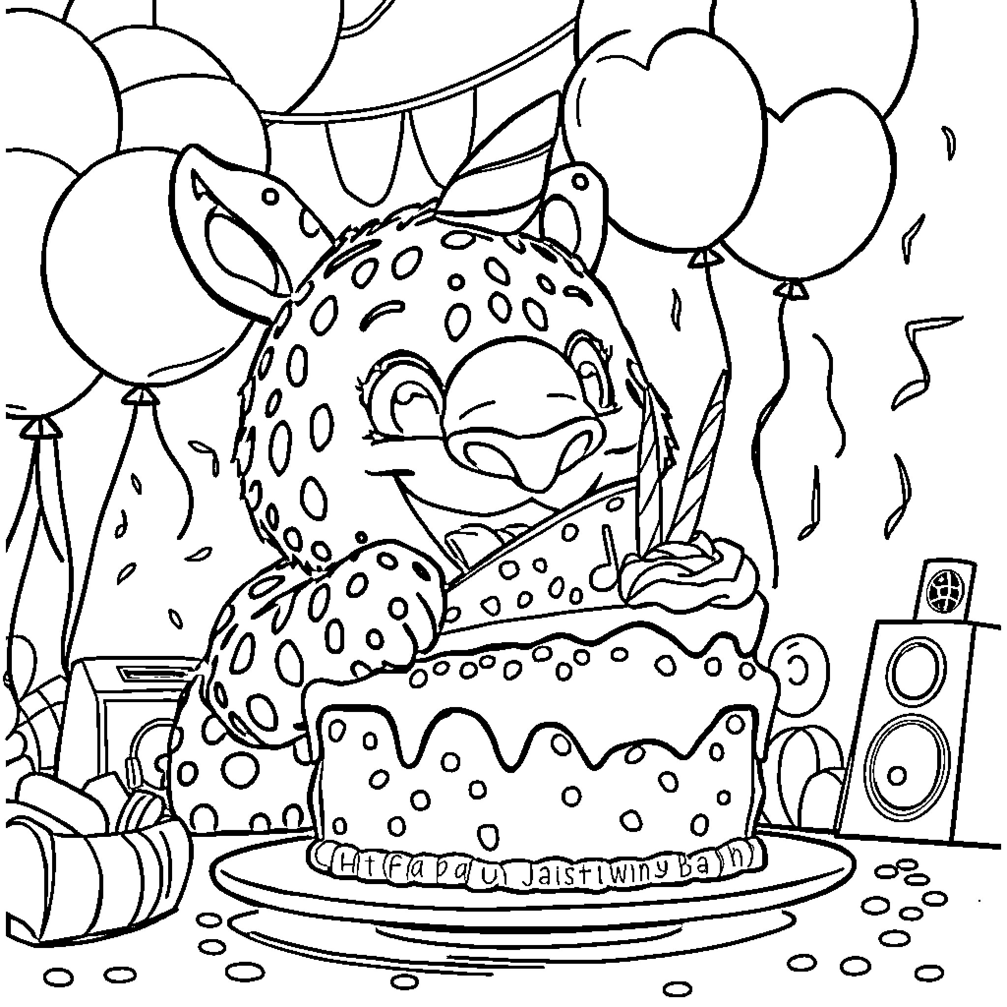 Labubu's Exuberant Birthday Celebration Coloring Page (free black-and-white line drawing printable PDF for all, from beginners to advanced learners, including children, teens, adults, and seniors)