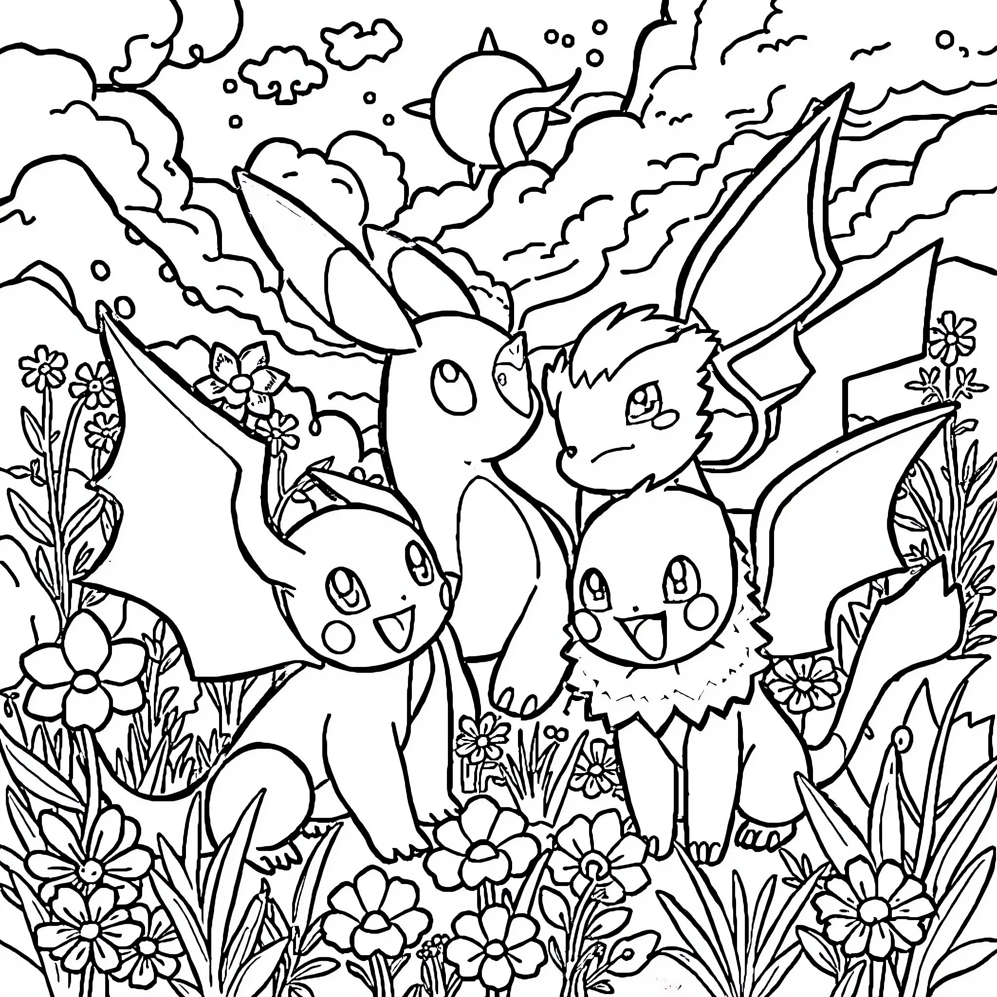 Pokémon enjoying a lush, floral landscape Coloring Page (free black-and-white line drawing printable PDF for all, from beginners to advanced learners, including children, teens, adults, and seniors)