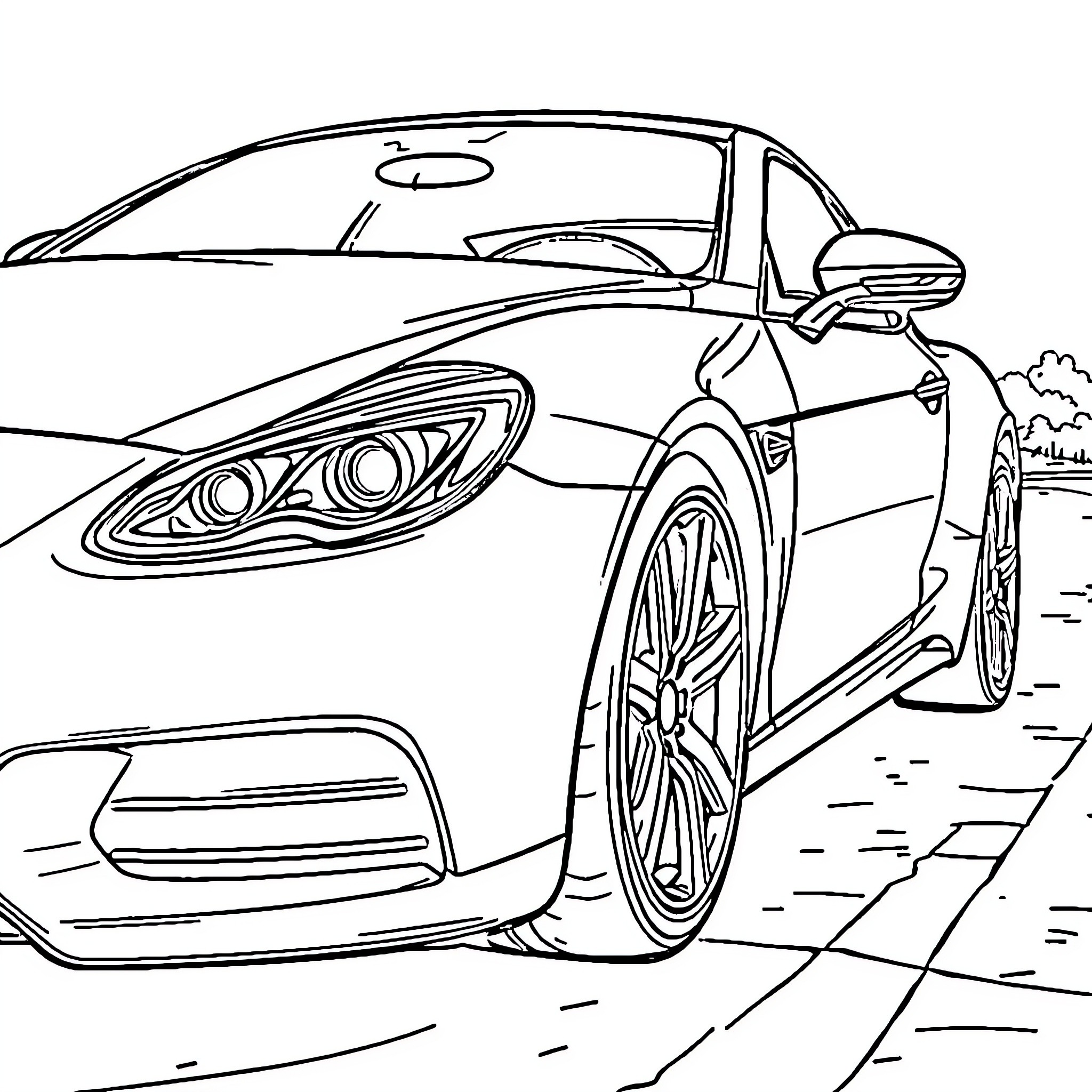 Car speeding on the road Coloring Page (free black-and-white line drawing printable PDF for all, from beginners to advanced learners, including children, teens, adults, and seniors)