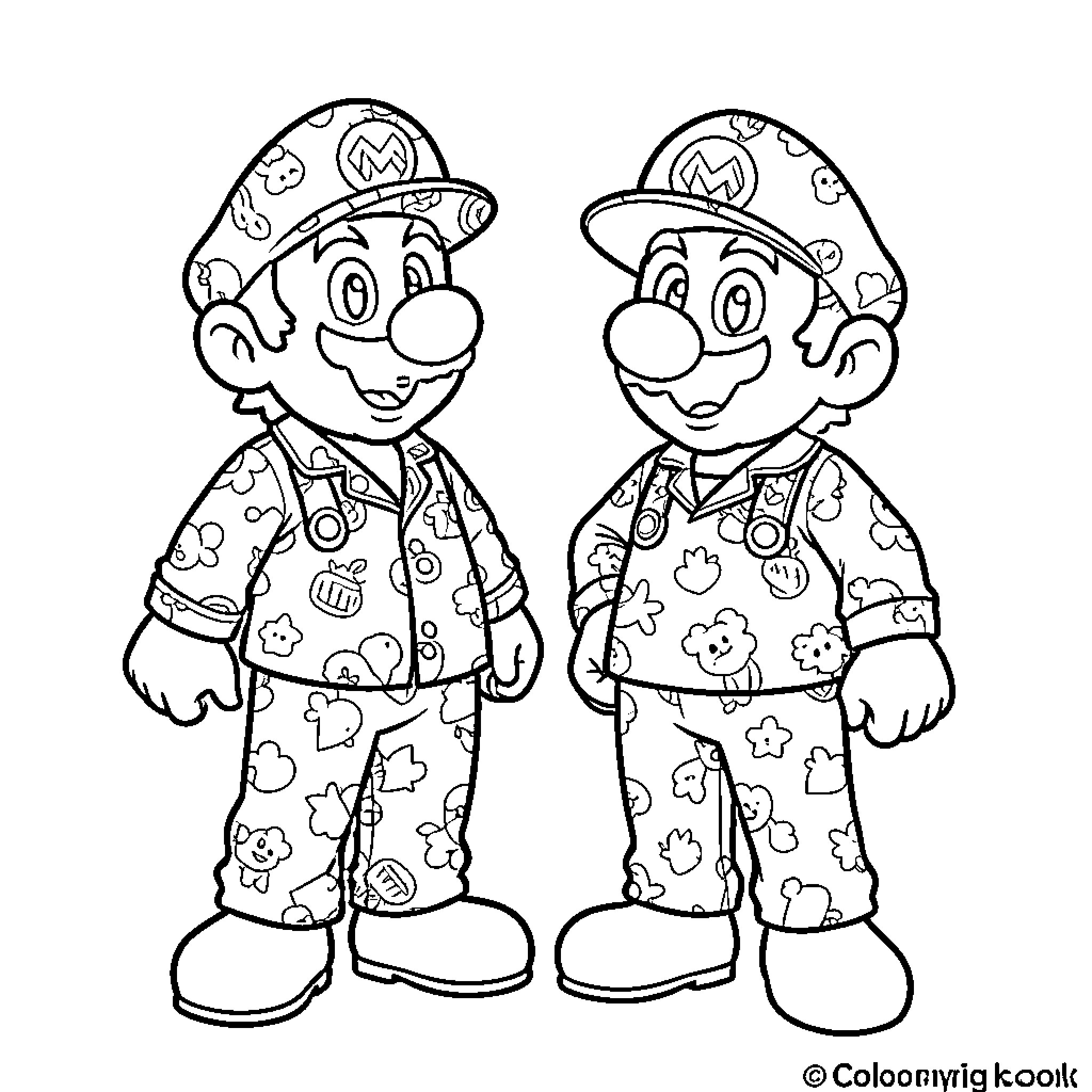 Mario Brothers in Cartoon Attire Coloring Page (free black-and-white line drawing printable PDF for all, from beginners to advanced learners, including children, teens, adults, and seniors)