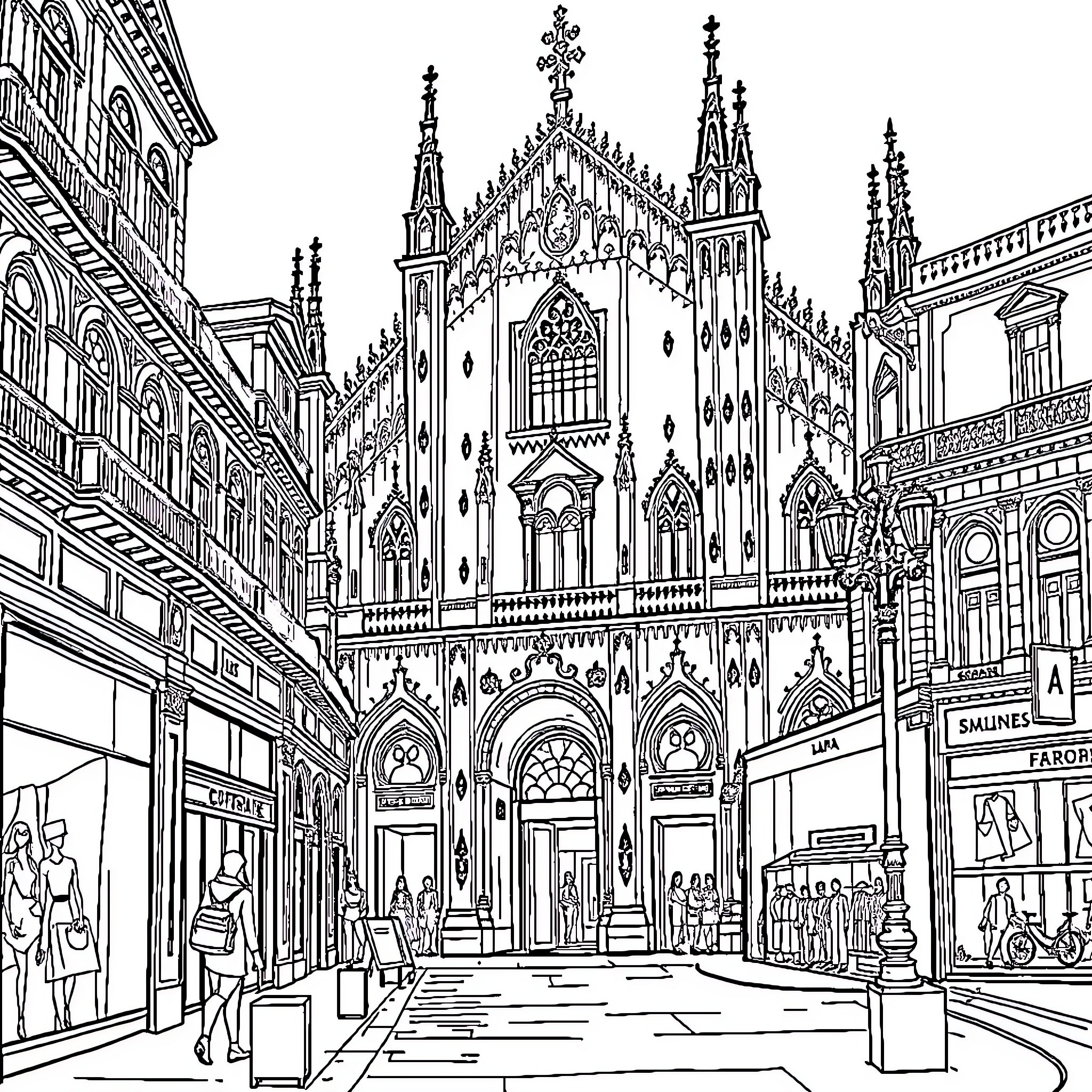 Milan architectural grandeur in the cityscape Coloring Page (free black-and-white line drawing printable PDF for all, from beginners to advanced learners, including children, teens, adults, and seniors)