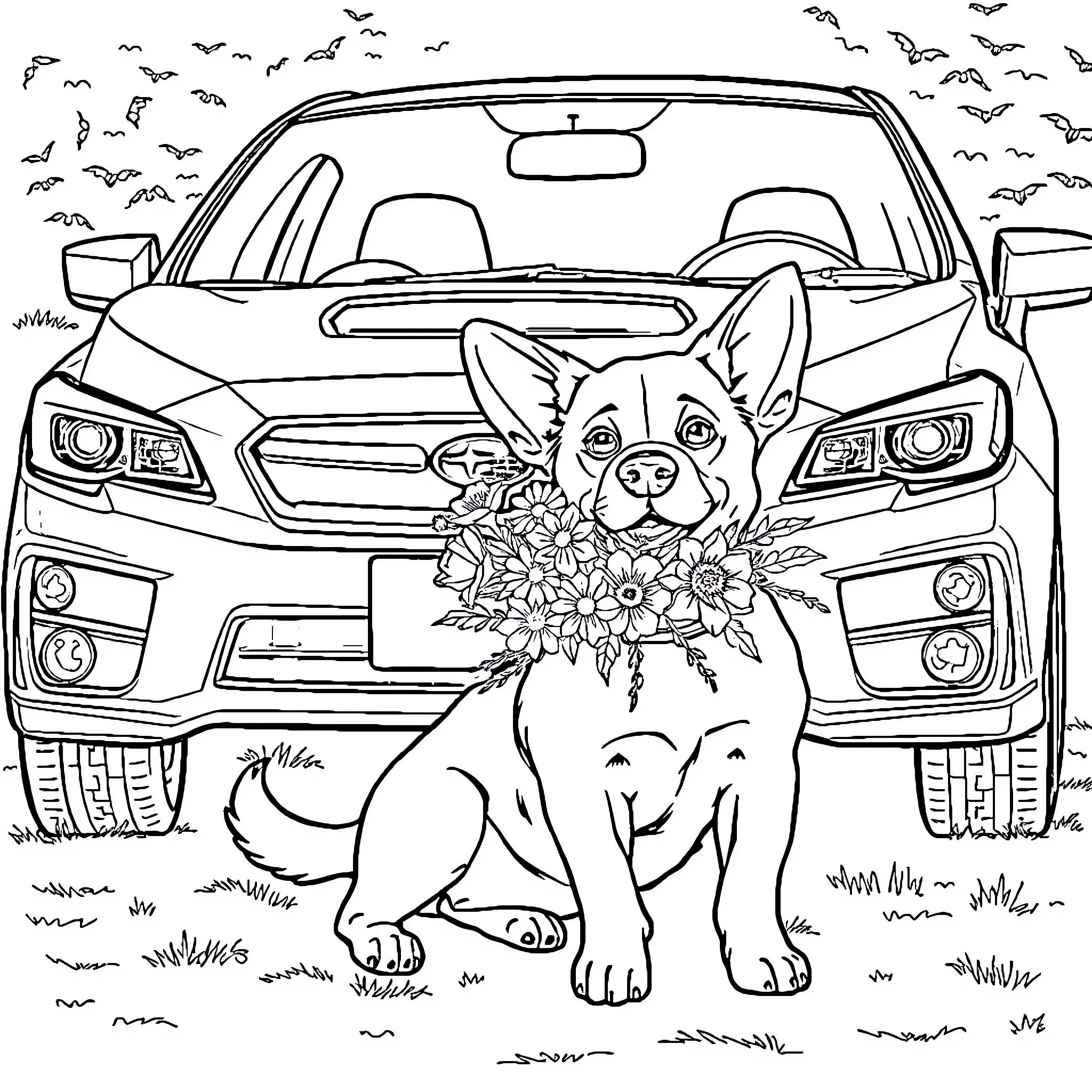 Dog with a flower bouquet in front of a car Coloring Page (free black-and-white line drawing printable PDF for all, from beginners to advanced learners, including children, teens, adults, and seniors)