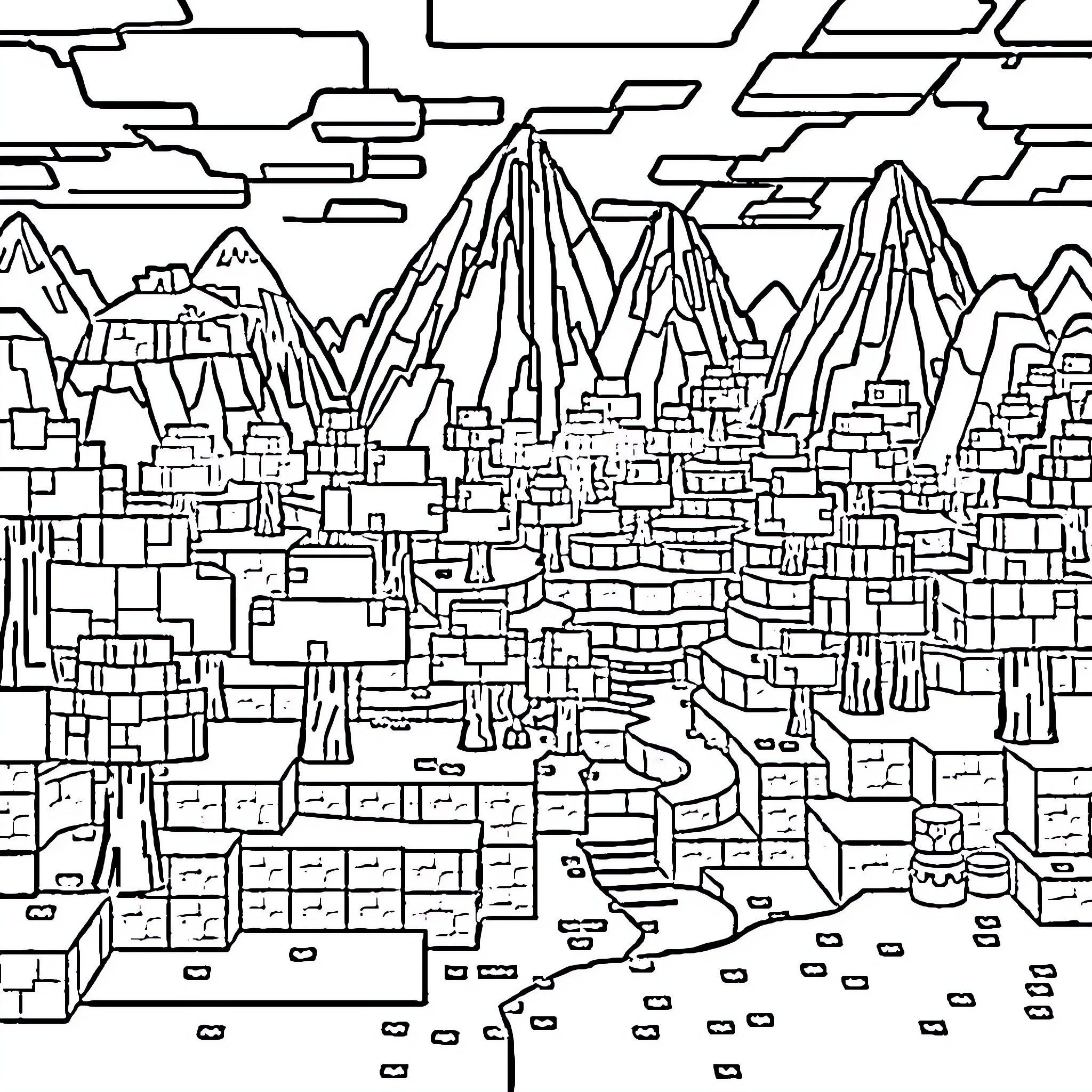 Minecraft Mountainous Landscape with Detailed Architecture Coloring Page (free black-and-white line drawing printable PDF for all, from beginners to advanced learners, including children, teens, adults, and seniors)
