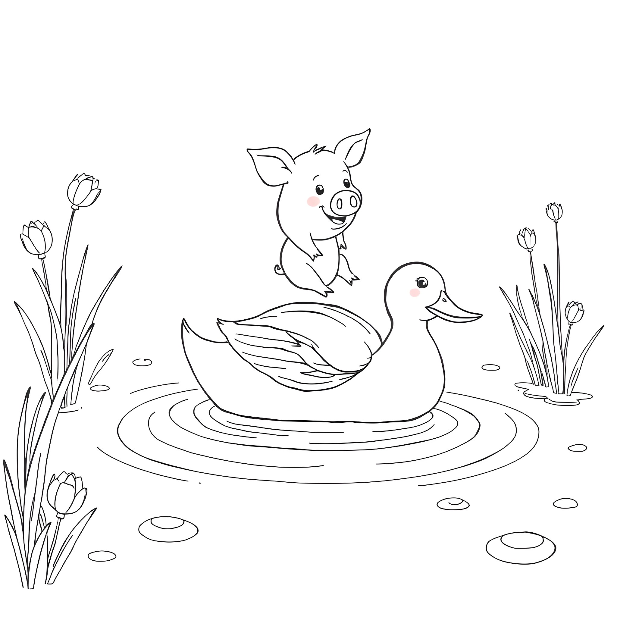 Pig playing with duck in garden Coloring Page (free black-and-white line drawing printable PDF for all, from beginners to advanced learners, including children, teens, adults, and seniors)