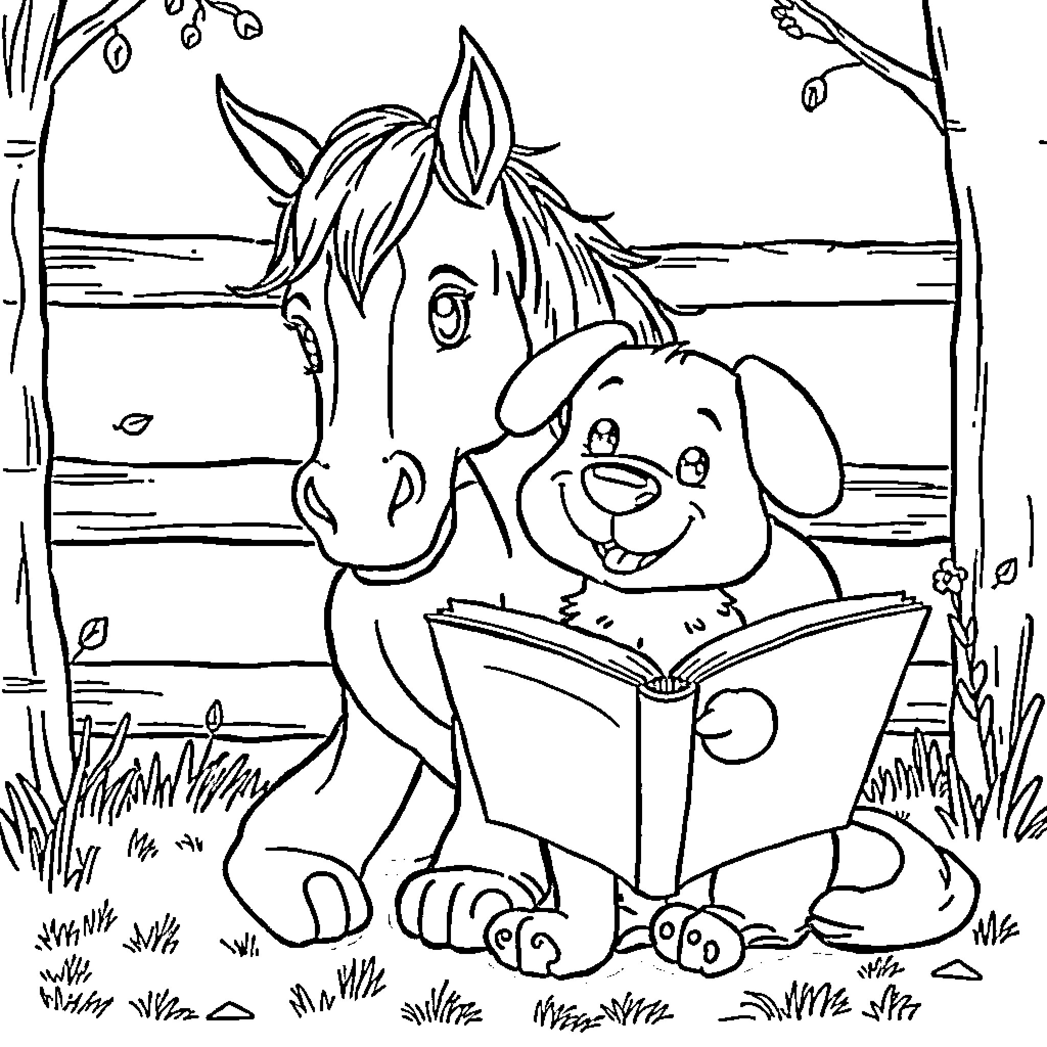 Dog and Horse Reading Together in the Park Coloring Page (free black-and-white line drawing printable PDF for all, from beginners to advanced learners, including children, teens, adults, and seniors)