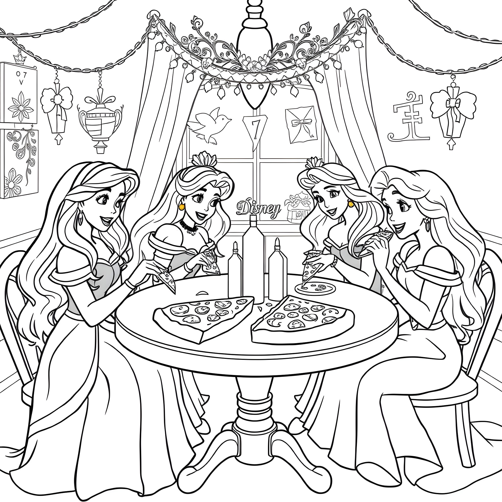 Princess Companions Enjoying Pizza Party Together Coloring Page (free black-and-white line drawing printable PDF for all, from beginners to advanced learners, including children, teens, adults, and seniors)