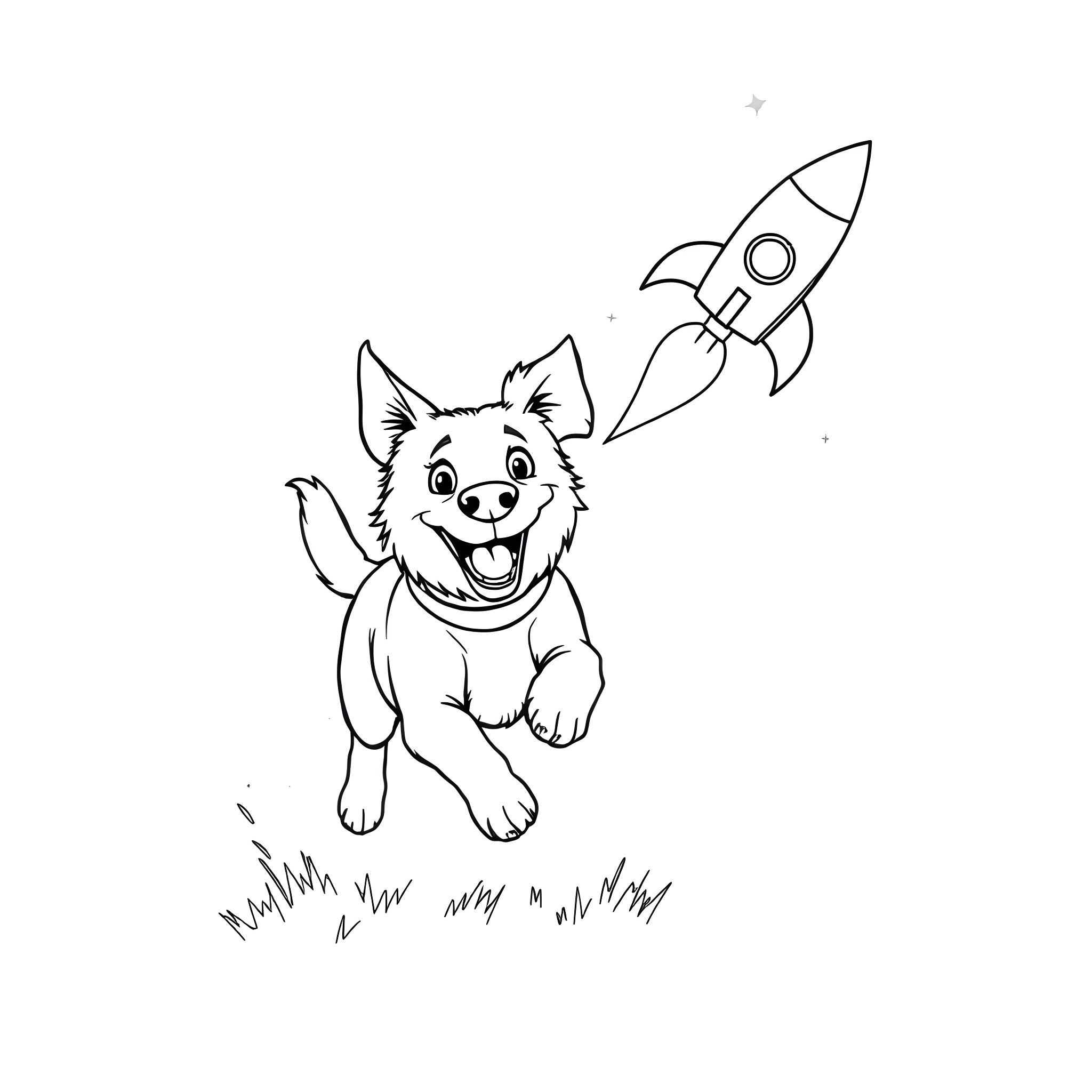 Dog chasing rocket ship excitedly Coloring Page (free black-and-white line drawing printable PDF for all, from beginners to advanced learners, including children, teens, adults, and seniors)