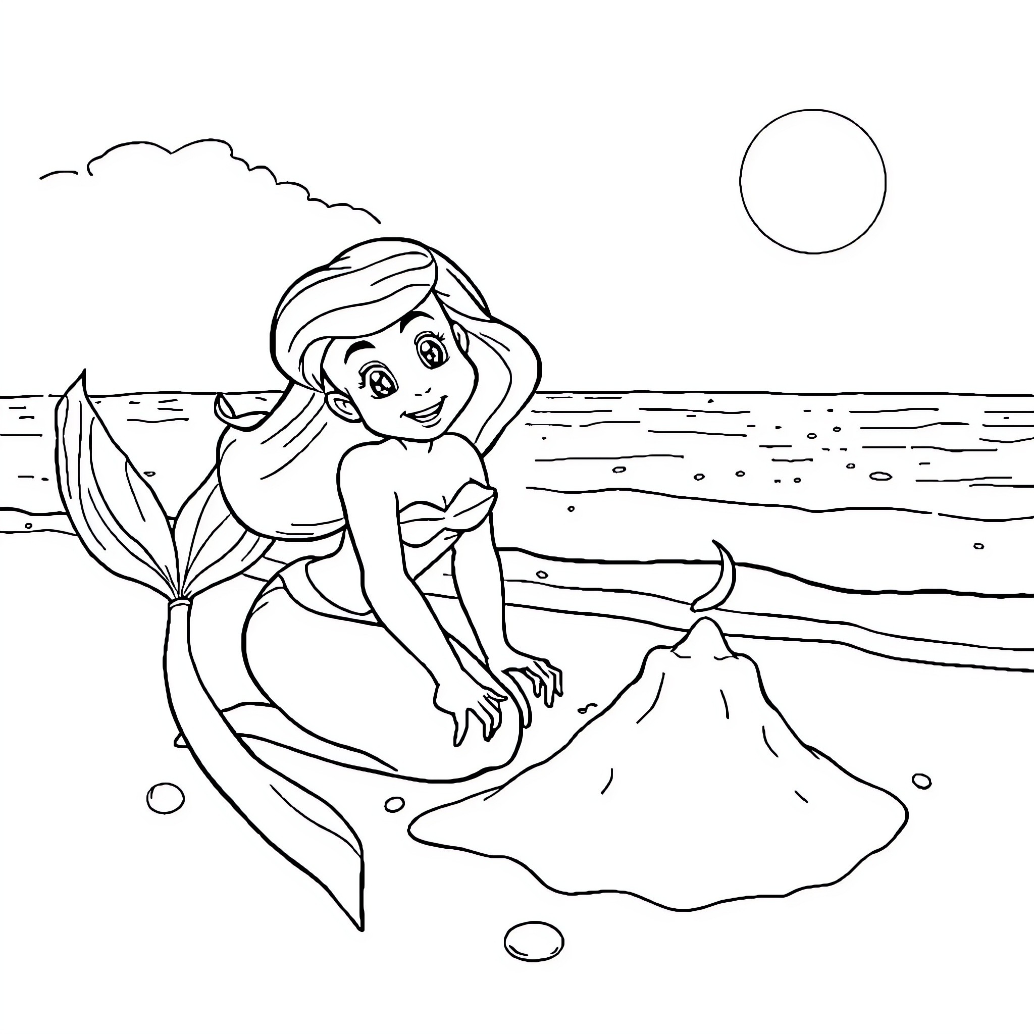 Ariel relaxing on the beach Coloring Page (free black-and-white line drawing printable PDF for all, from beginners to advanced learners, including children, teens, adults, and seniors)