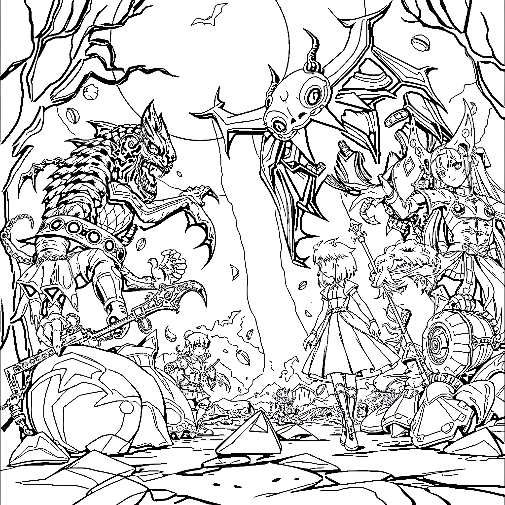 Persona 3: Fantastical Realm of Creatures and Adventurers Coloring Page (free black-and-white line drawing printable PDF for all, from beginners to advanced learners, including children, teens, adults, and seniors)
