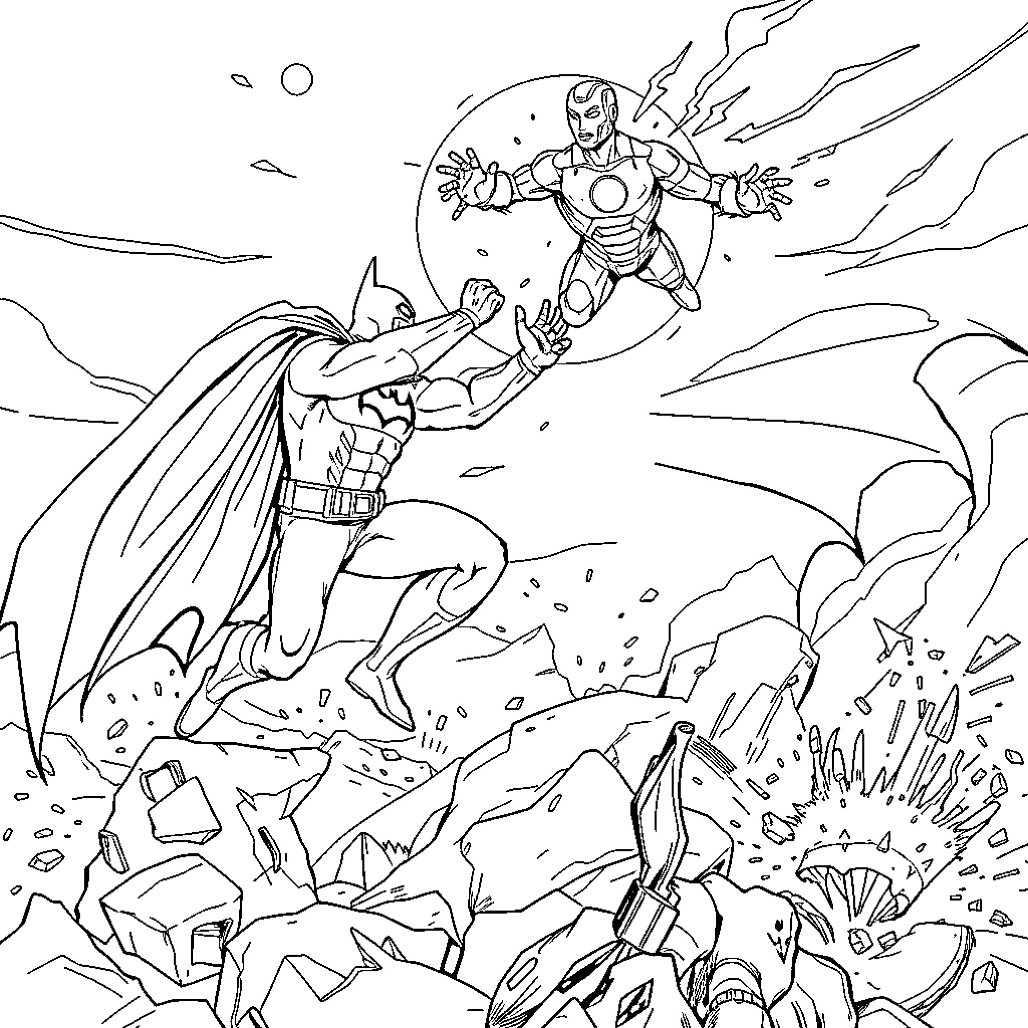 Batman battling Iron Man in a dramatic superhero showdown Coloring Page (free black-and-white line drawing printable PDF for all, from beginners to advanced learners, including children, teens, adults, and seniors)