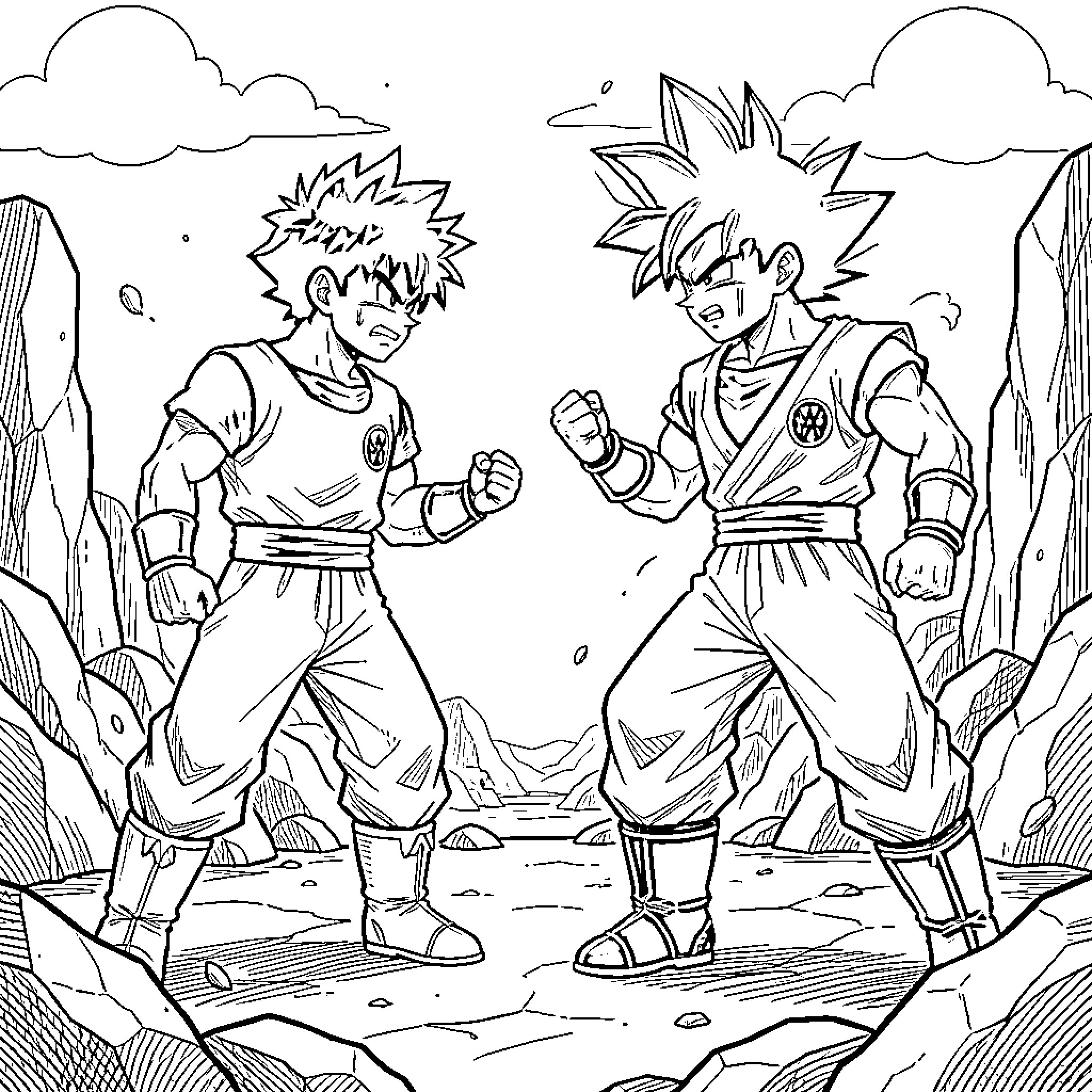Izuku Midoriya and Goku Facing Off in an Epic Battle Coloring Page (free black-and-white line drawing printable PDF for all, from beginners to advanced learners, including children, teens, adults, and seniors)