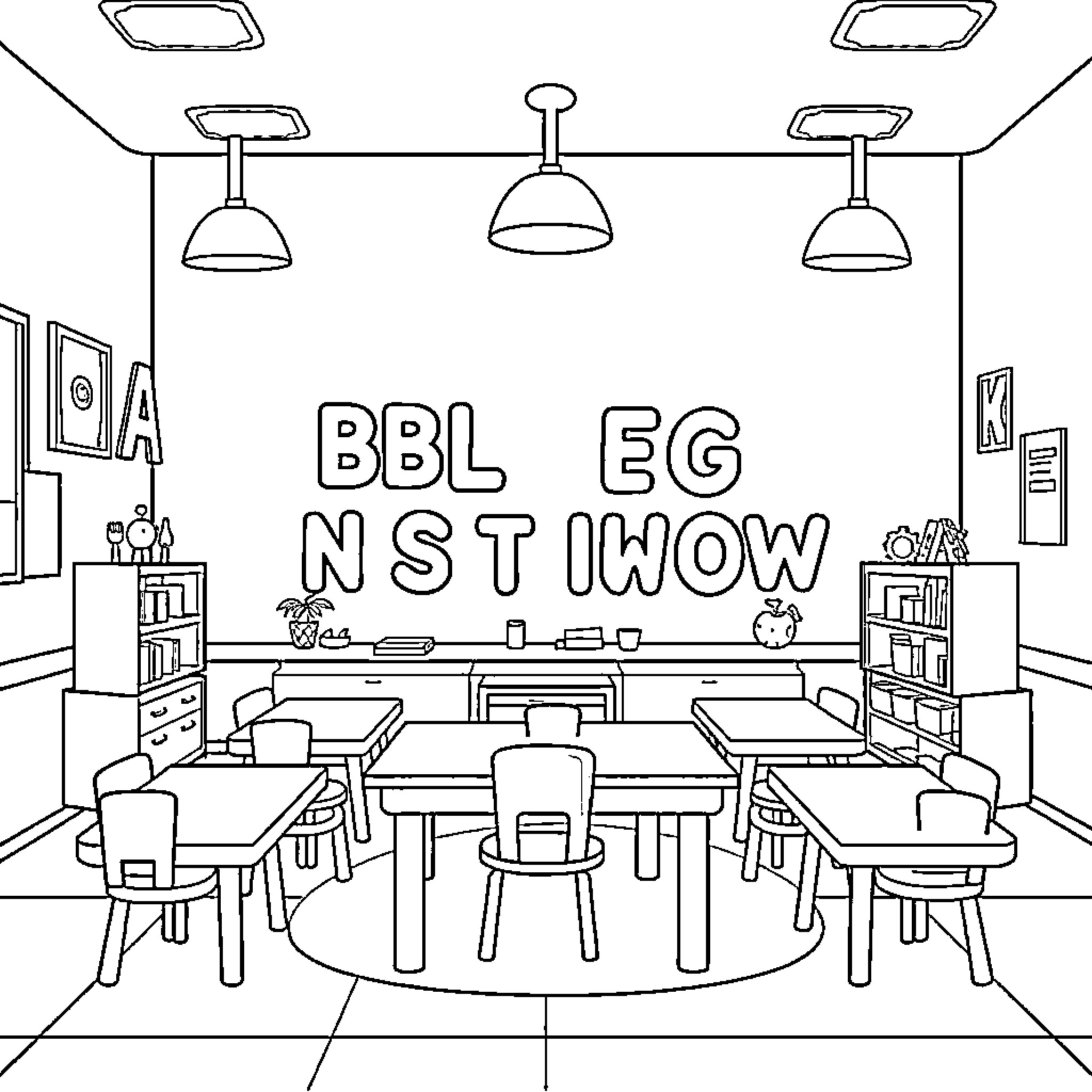 Alphabet Classroom Scene with Furniture and Decor Coloring Page (free black-and-white line drawing printable PDF for all, from beginners to advanced learners, including children, teens, adults, and seniors)