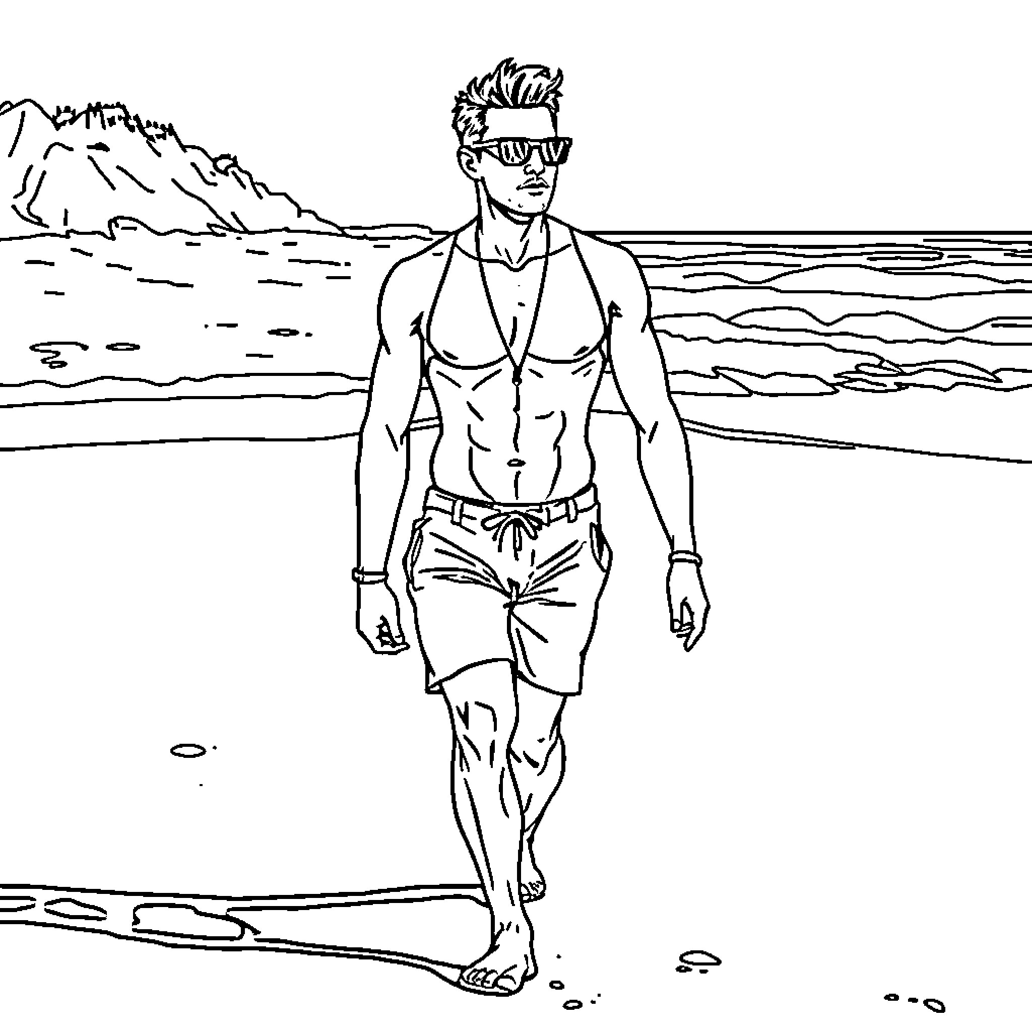 Man walking shirtless on the beach Coloring Page (free black-and-white line drawing printable PDF for all, from beginners to advanced learners, including children, teens, adults, and seniors)