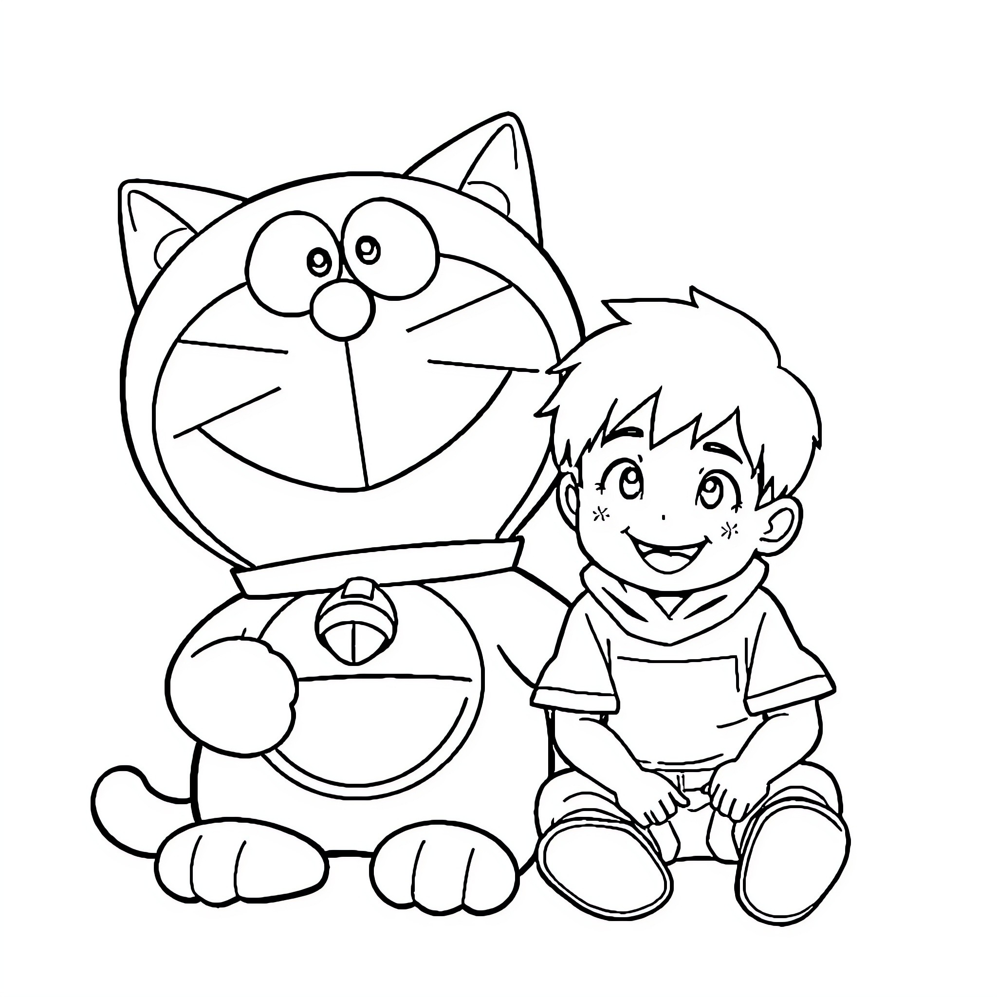 Doraemon and boy sitting together Coloring Page (free black-and-white line drawing printable PDF for all, from beginners to advanced learners, including children, teens, adults, and seniors)