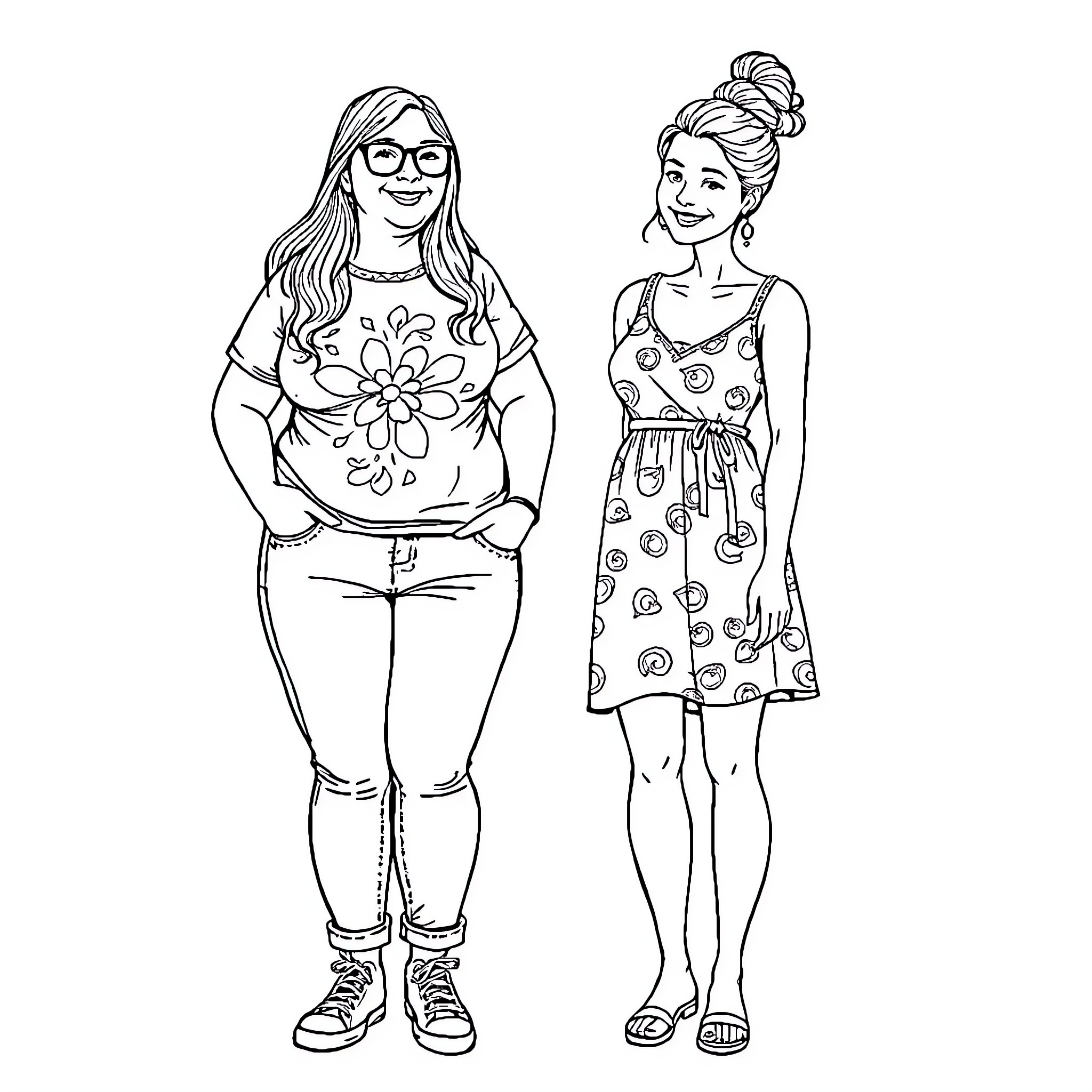 Women in casual and summer outfits Coloring Page (free black-and-white line drawing printable PDF for all, from beginners to advanced learners, including children, teens, adults, and seniors)