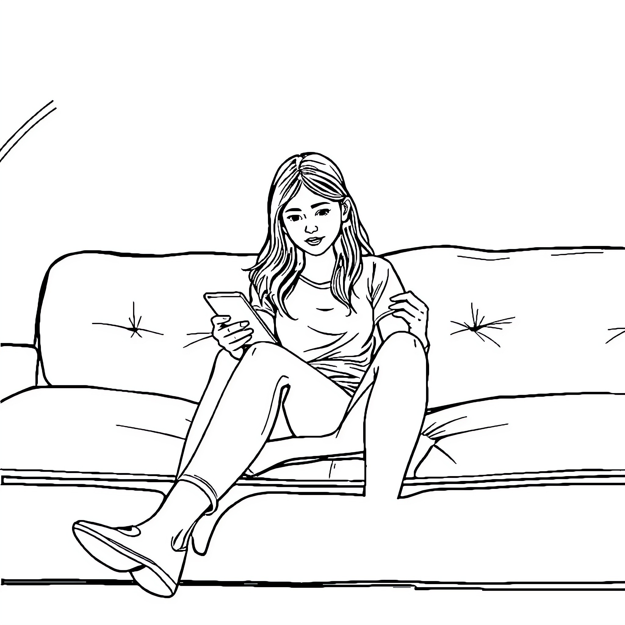 Girl using smartphone on park bench Coloring Page (free black-and-white line drawing printable PDF for all, from beginners to advanced learners, including children, teens, adults, and seniors)