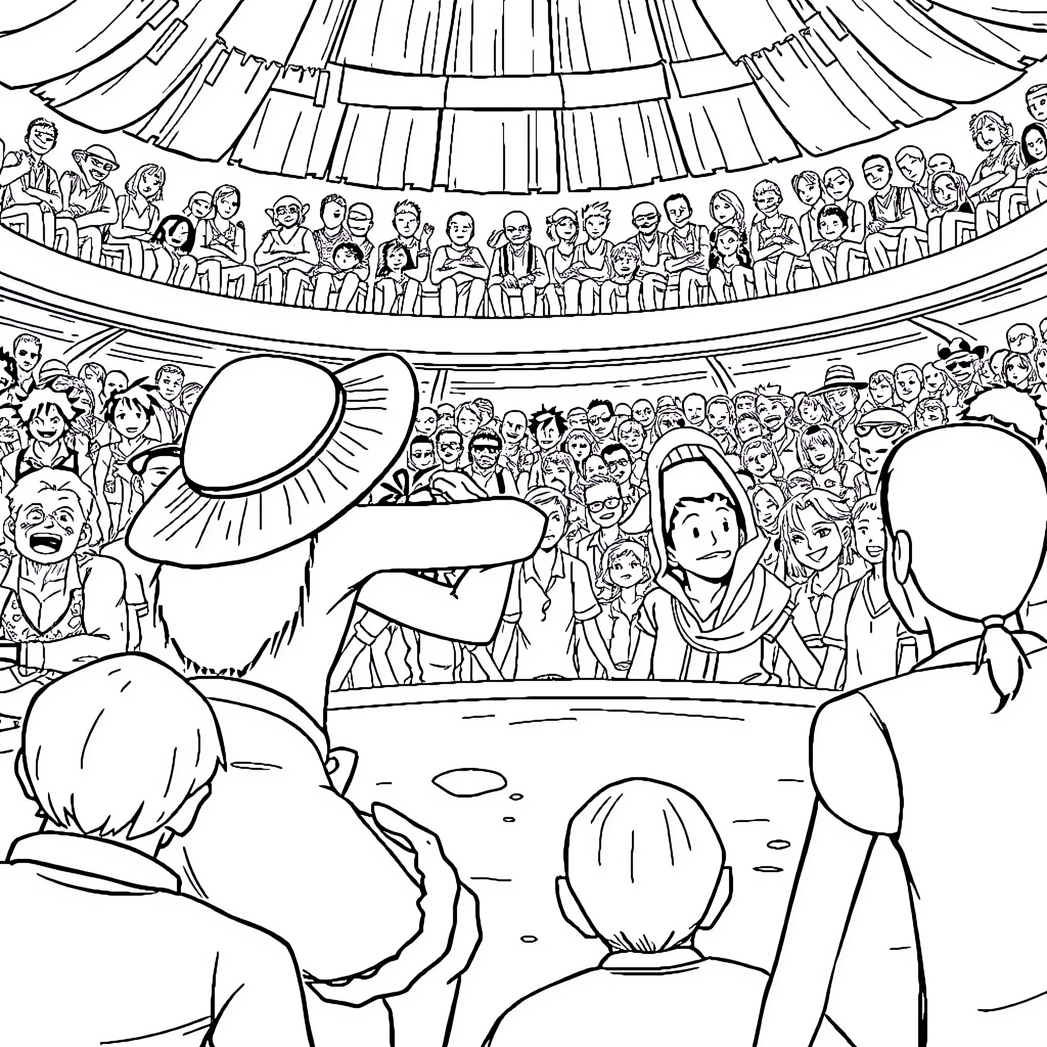 Luffy faces an excited crowd in the stadium Coloring Page (free black-and-white line drawing printable PDF for all, from beginners to advanced learners, including children, teens, adults, and seniors)
