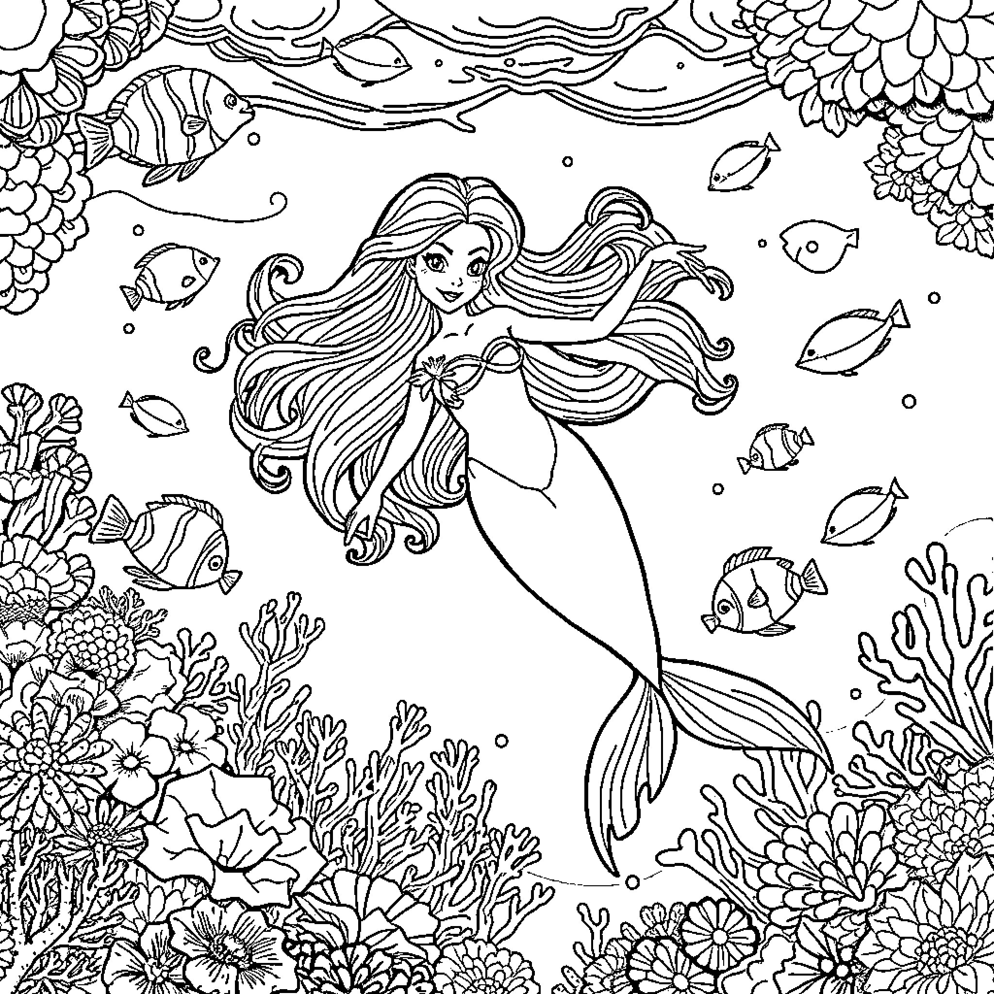Mermaid swimming gracefully in a vibrant underwater world Coloring Page (free black-and-white line drawing printable PDF for all, from beginners to advanced learners, including children, teens, adults, and seniors)