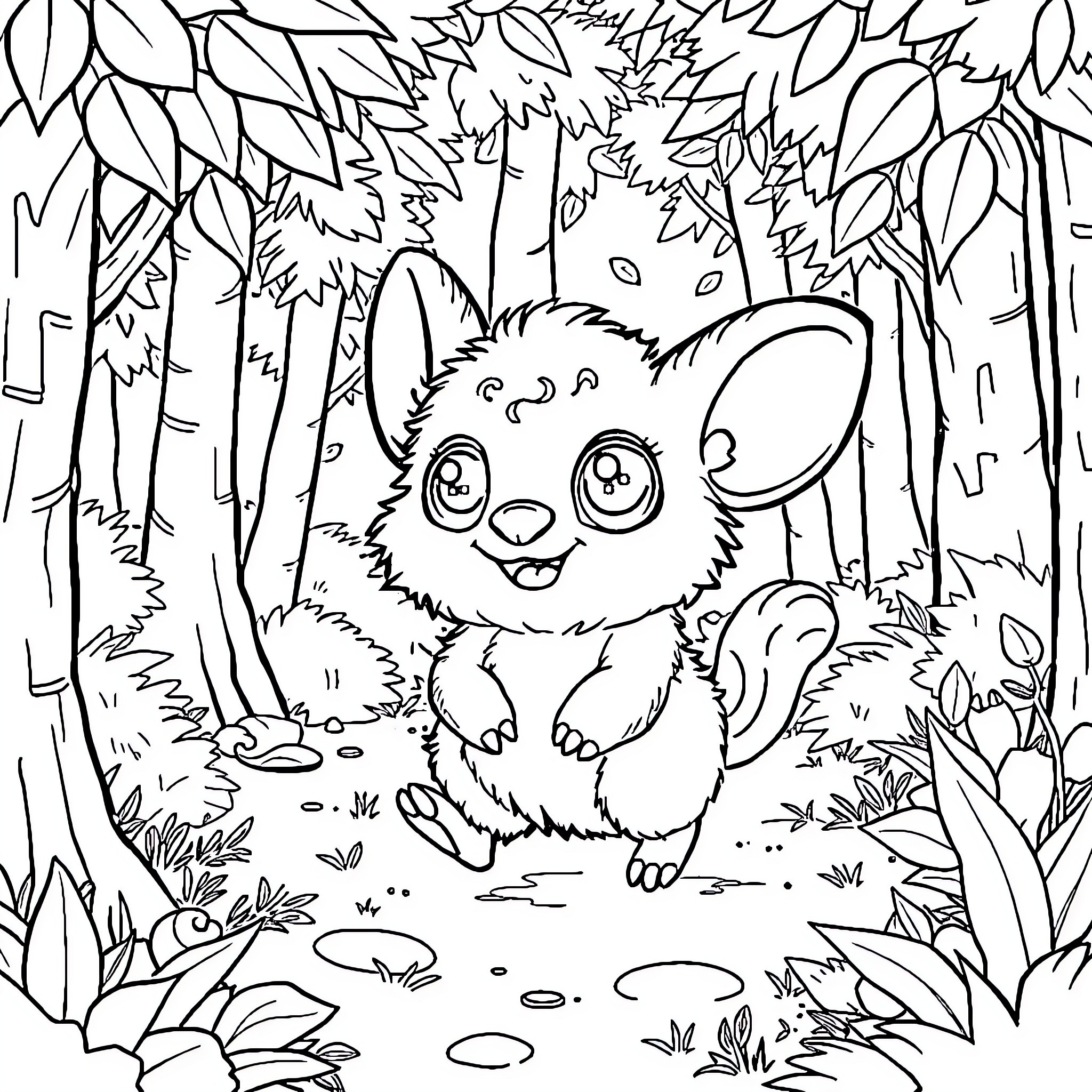 Labubu's Enchanting Forest Adventure Coloring Page (free black-and-white line drawing printable PDF for all, from beginners to advanced learners, including children, teens, adults, and seniors)