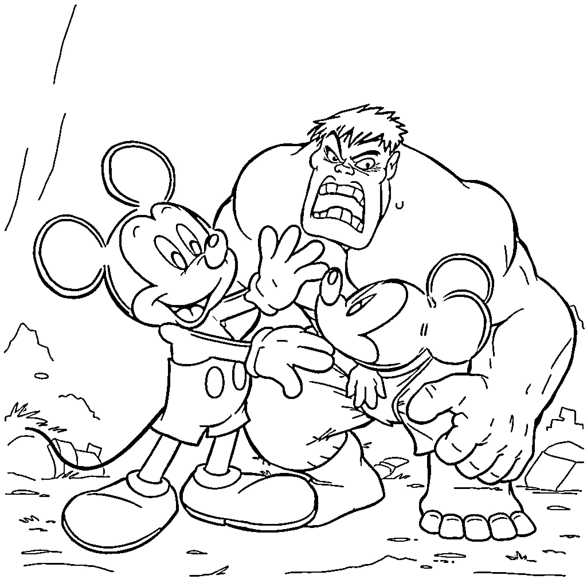 Mickey Mouse scared by a Hulk-like character Coloring Page (free black-and-white line drawing printable PDF for all, from beginners to advanced learners, including children, teens, adults, and seniors)