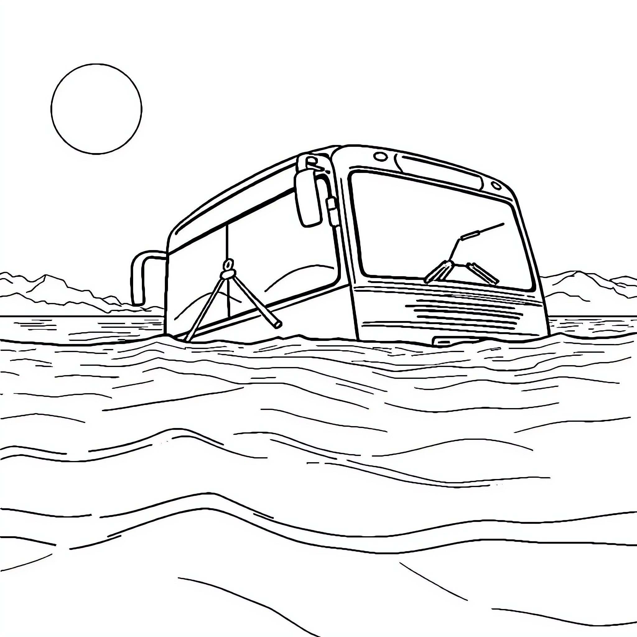 Bus stranded in flooded terrain Coloring Page (free black-and-white line drawing printable PDF for all, from beginners to advanced learners, including children, teens, adults, and seniors)