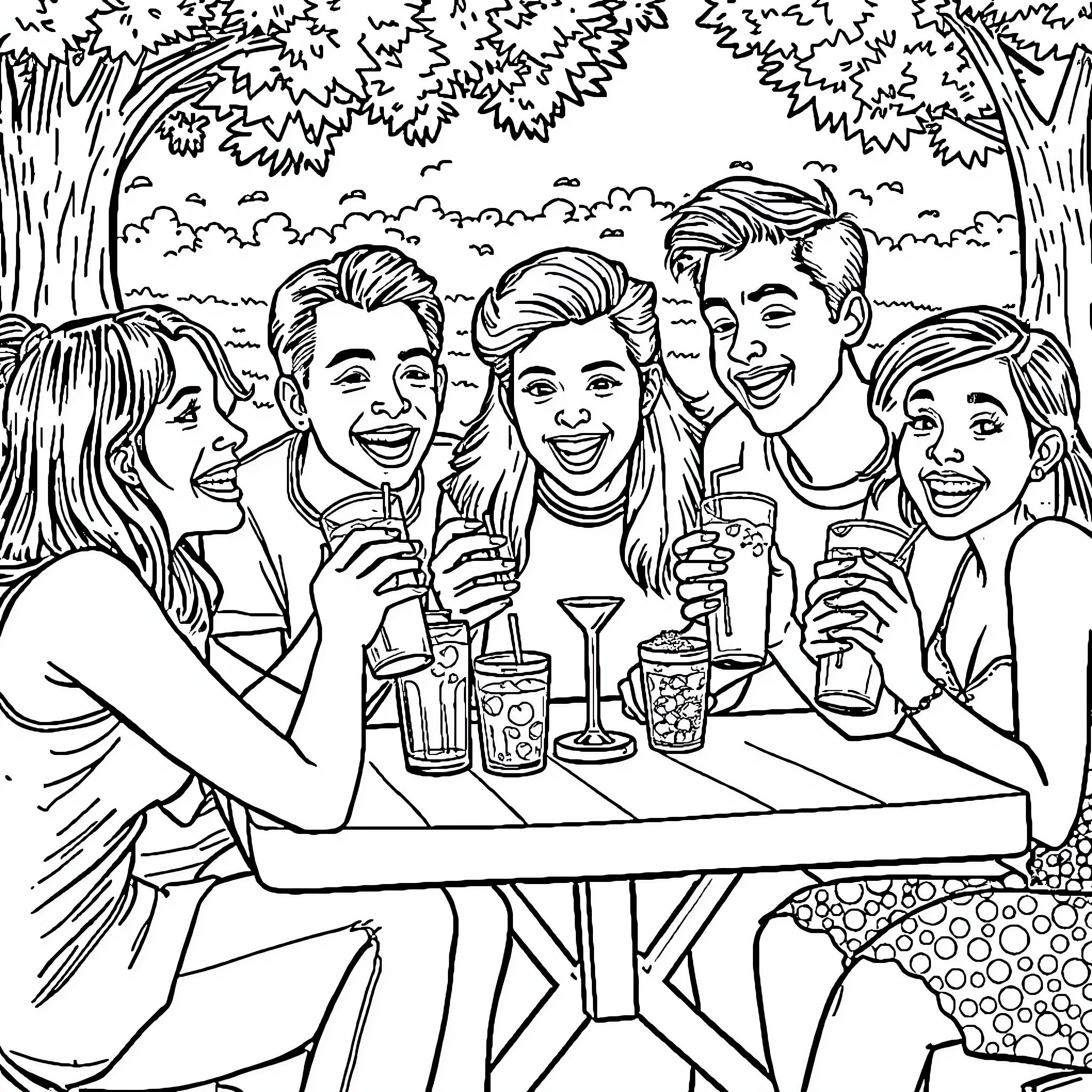 Soda Party in the Park Coloring Page (free black-and-white line drawing printable PDF for all, from beginners to advanced learners, including children, teens, adults, and seniors)