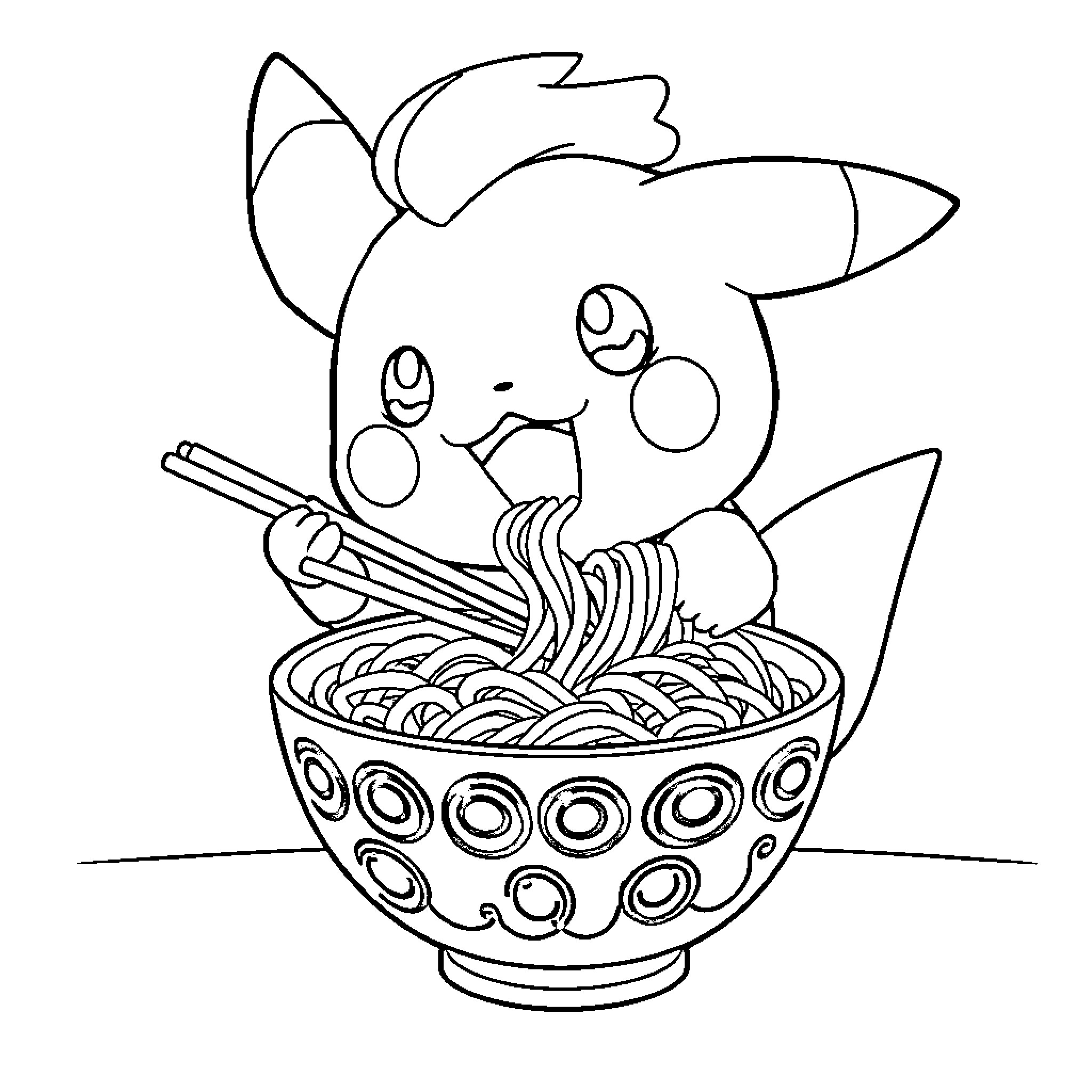 Pokémon Enjoying a Bowl of Noodles Coloring Page (free black-and-white line drawing printable PDF for all, from beginners to advanced learners, including children, teens, adults, and seniors)