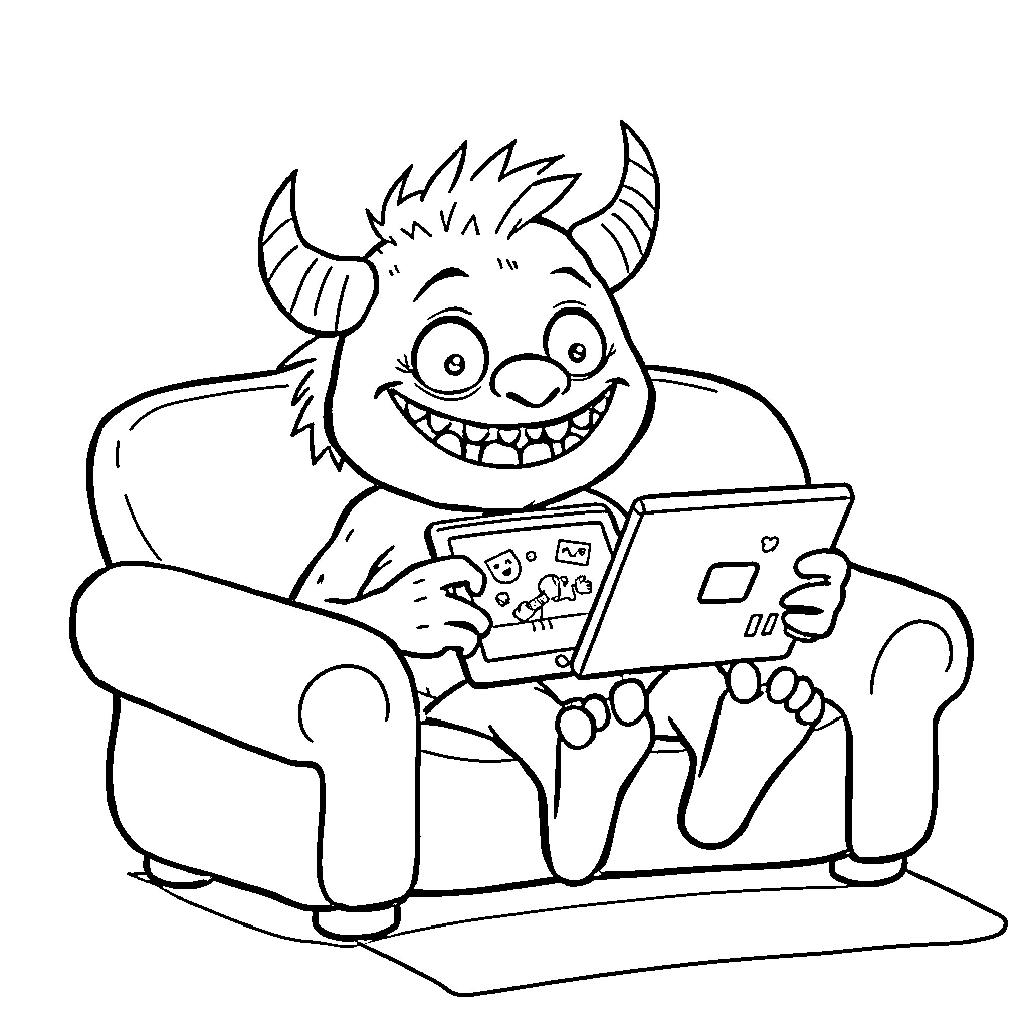 Monster enjoying video game on couch Coloring Page (free black-and-white line drawing printable PDF for all, from beginners to advanced learners, including children, teens, adults, and seniors)