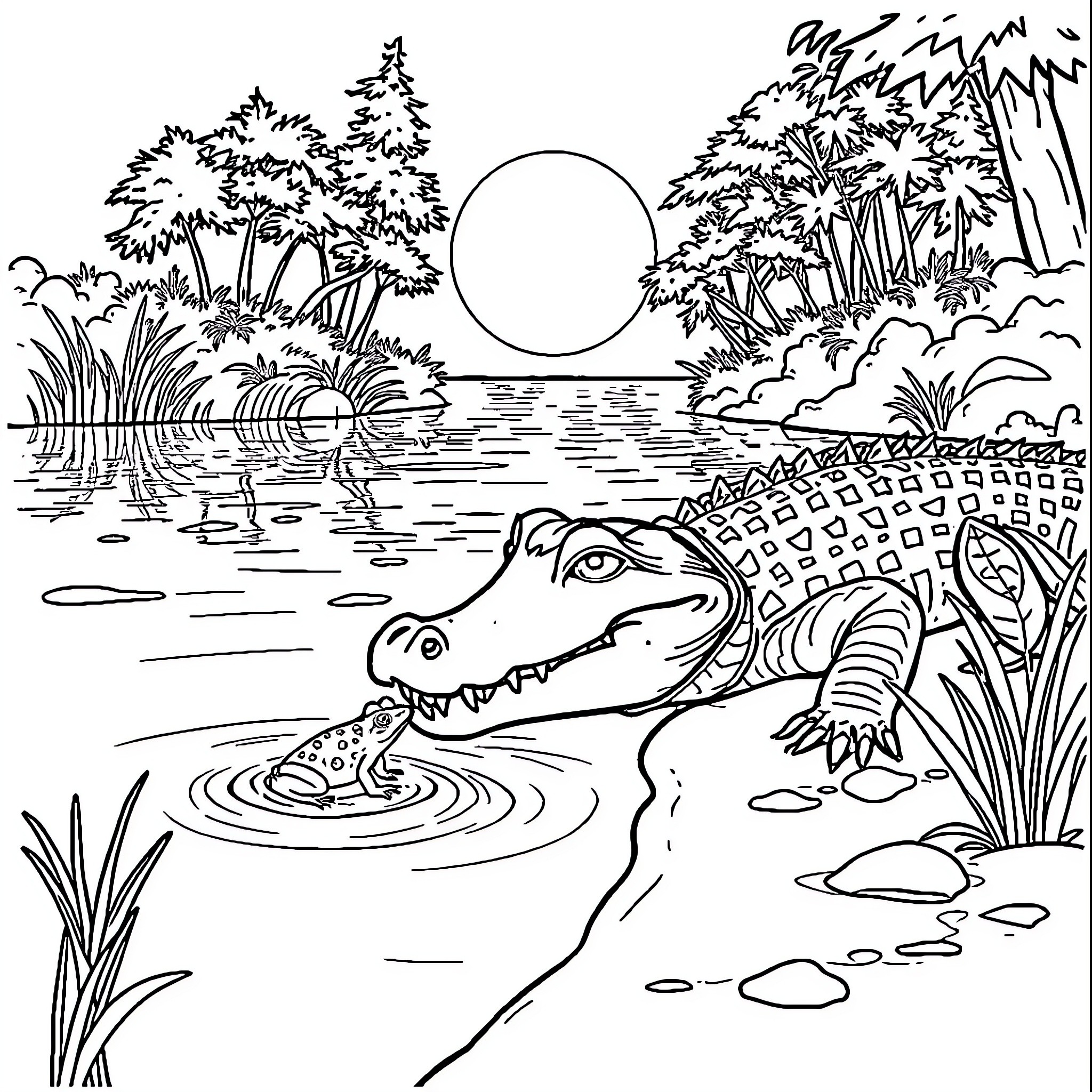 Crocodile relaxing in a peaceful lake landscape Coloring Page (free black-and-white line drawing printable PDF for all, from beginners to advanced learners, including children, teens, adults, and seniors)