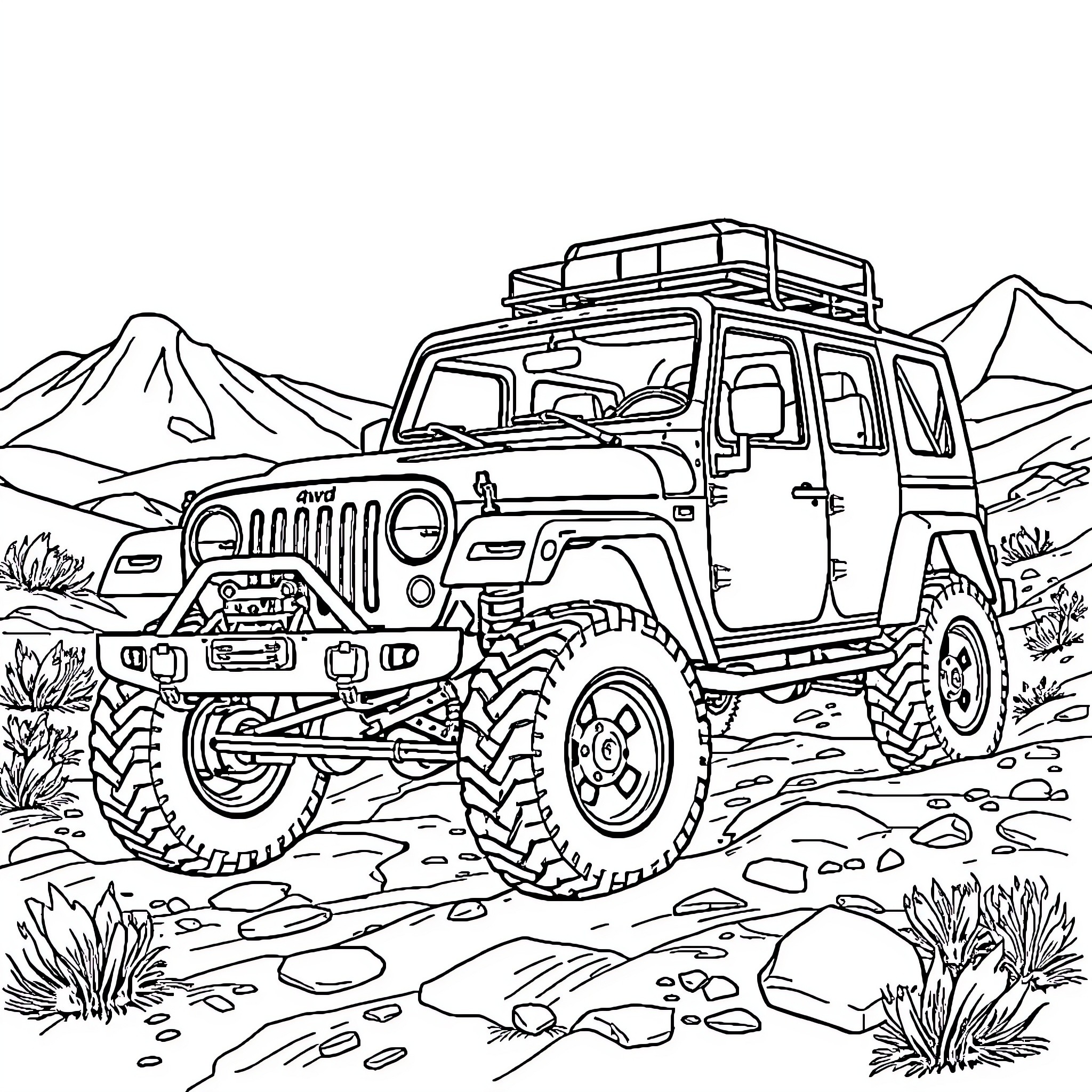 4wd off-road adventure with rugged mountain scenery Coloring Page (free black-and-white line drawing printable PDF for all, from beginners to advanced learners, including children, teens, adults, and seniors)