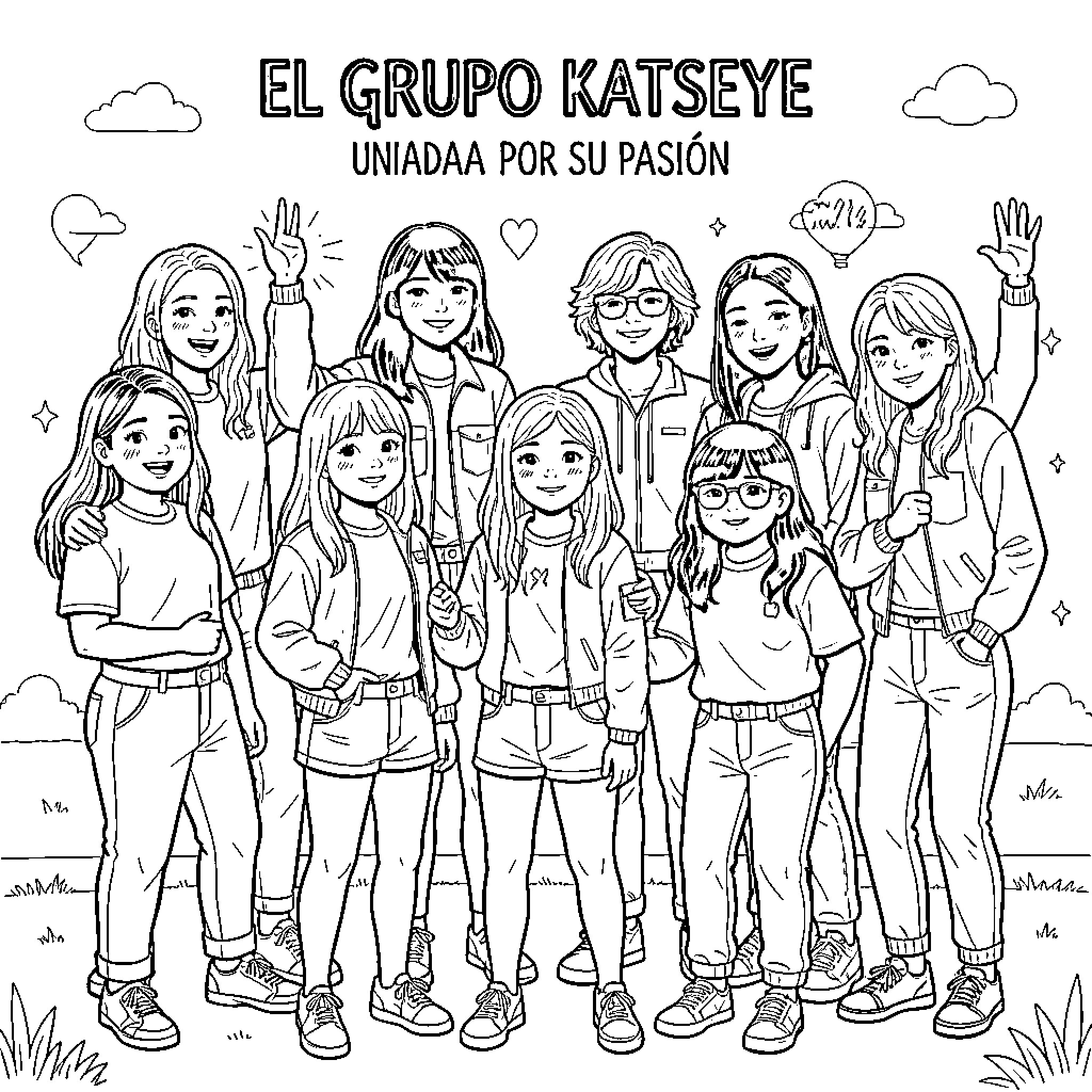 Katseye Group United by Their Passion Coloring Page (free black-and-white line drawing printable PDF for all, from beginners to advanced learners, including children, teens, adults, and seniors)