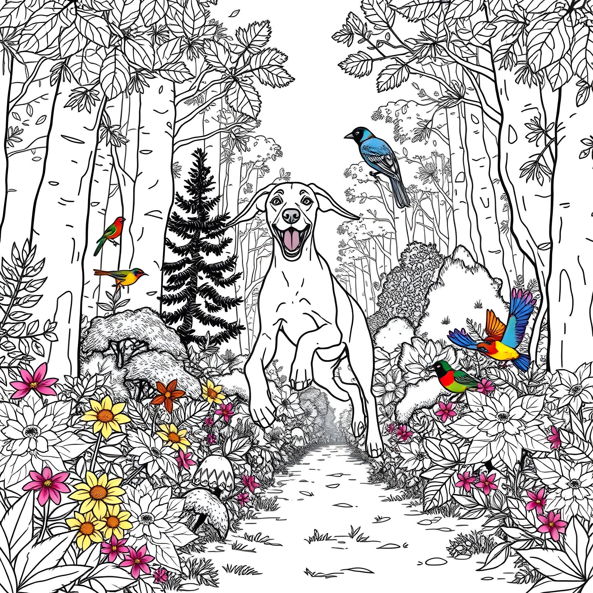 Hungarian Vizsla exploring a lush forest landscape Coloring Page (free black-and-white line drawing printable PDF for all, from beginners to advanced learners, including children, teens, adults, and seniors)