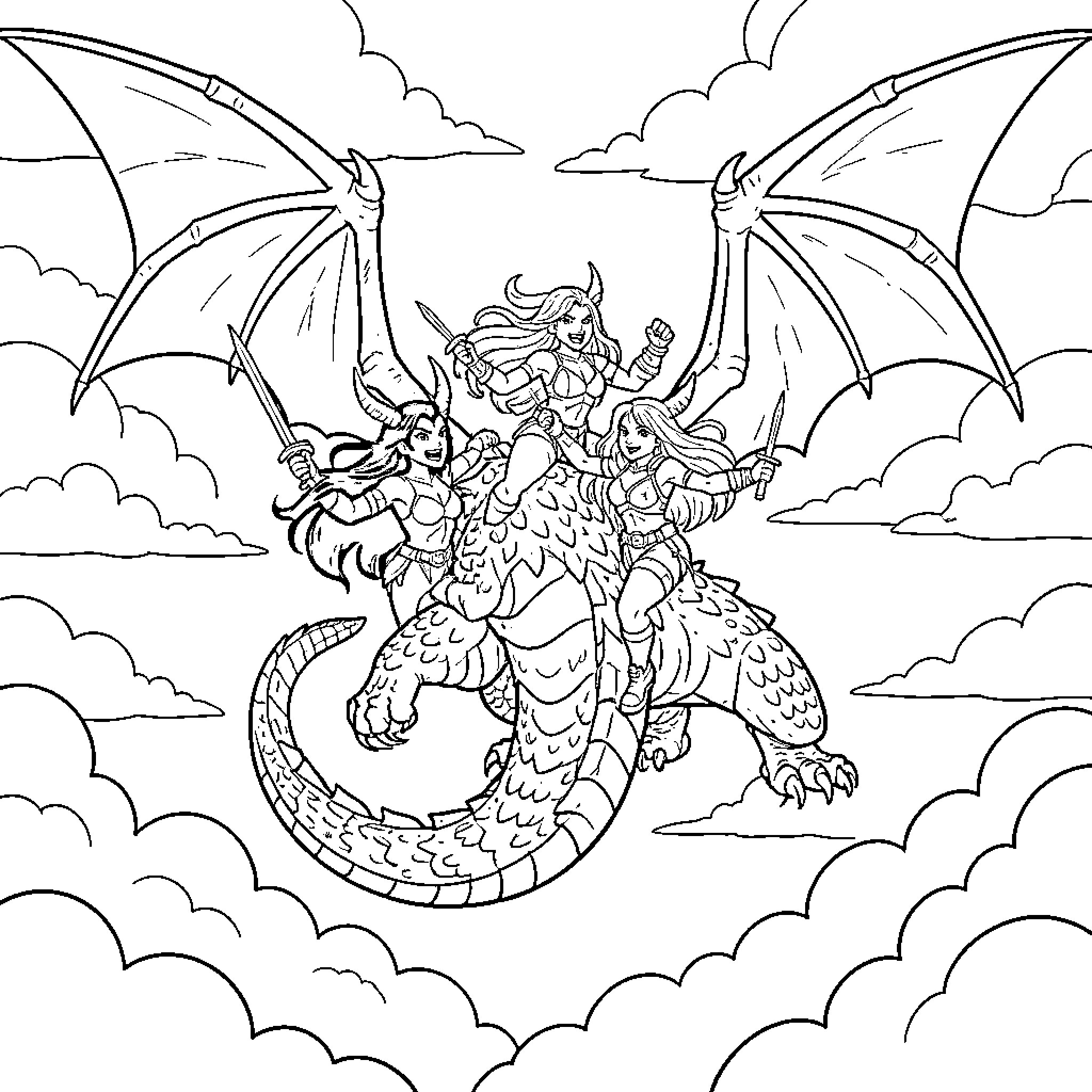Hunter Battles a Mythical Dragon in the Clouds Coloring Page (free black-and-white line drawing printable PDF for all, from beginners to advanced learners, including children, teens, adults, and seniors)