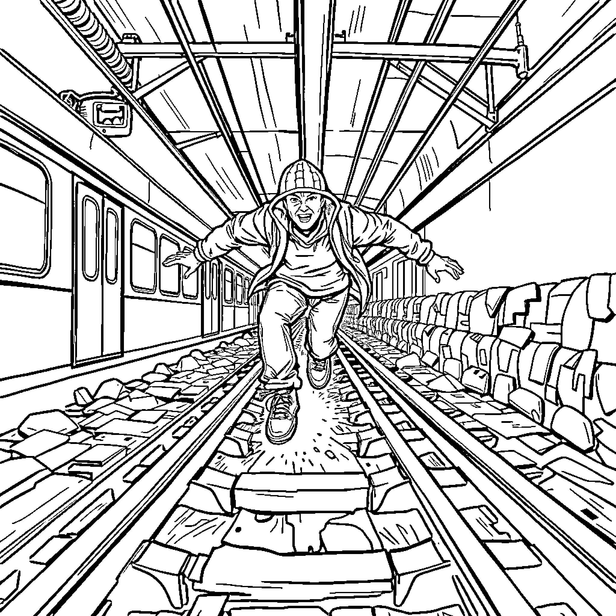 Subway Surfer daring stunts on train platform Coloring Page (free black-and-white line drawing printable PDF for all, from beginners to advanced learners, including children, teens, adults, and seniors)