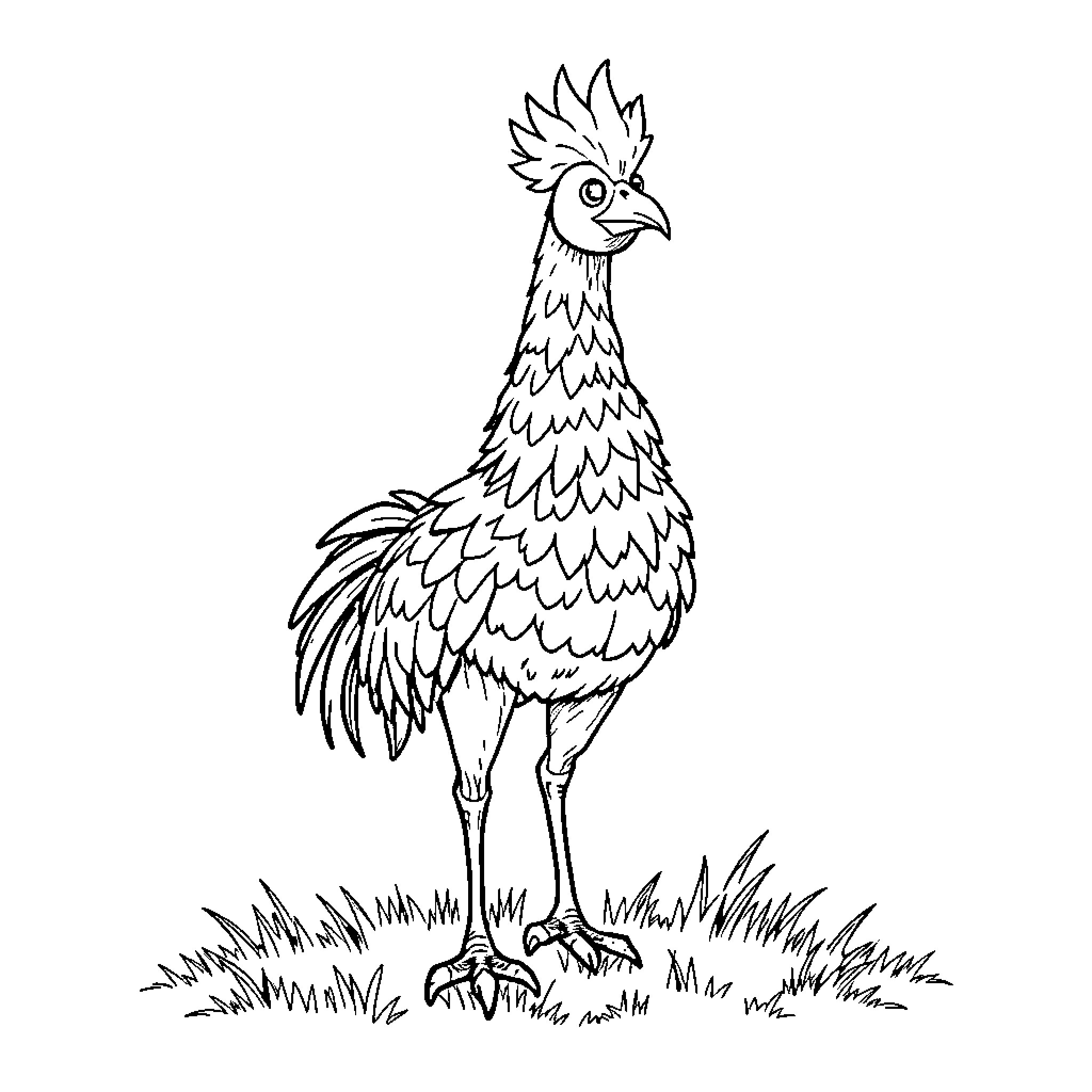 Chocobo standing proudly in grassy field Coloring Page (free black-and-white line drawing printable PDF for all, from beginners to advanced learners, including children, teens, adults, and seniors)