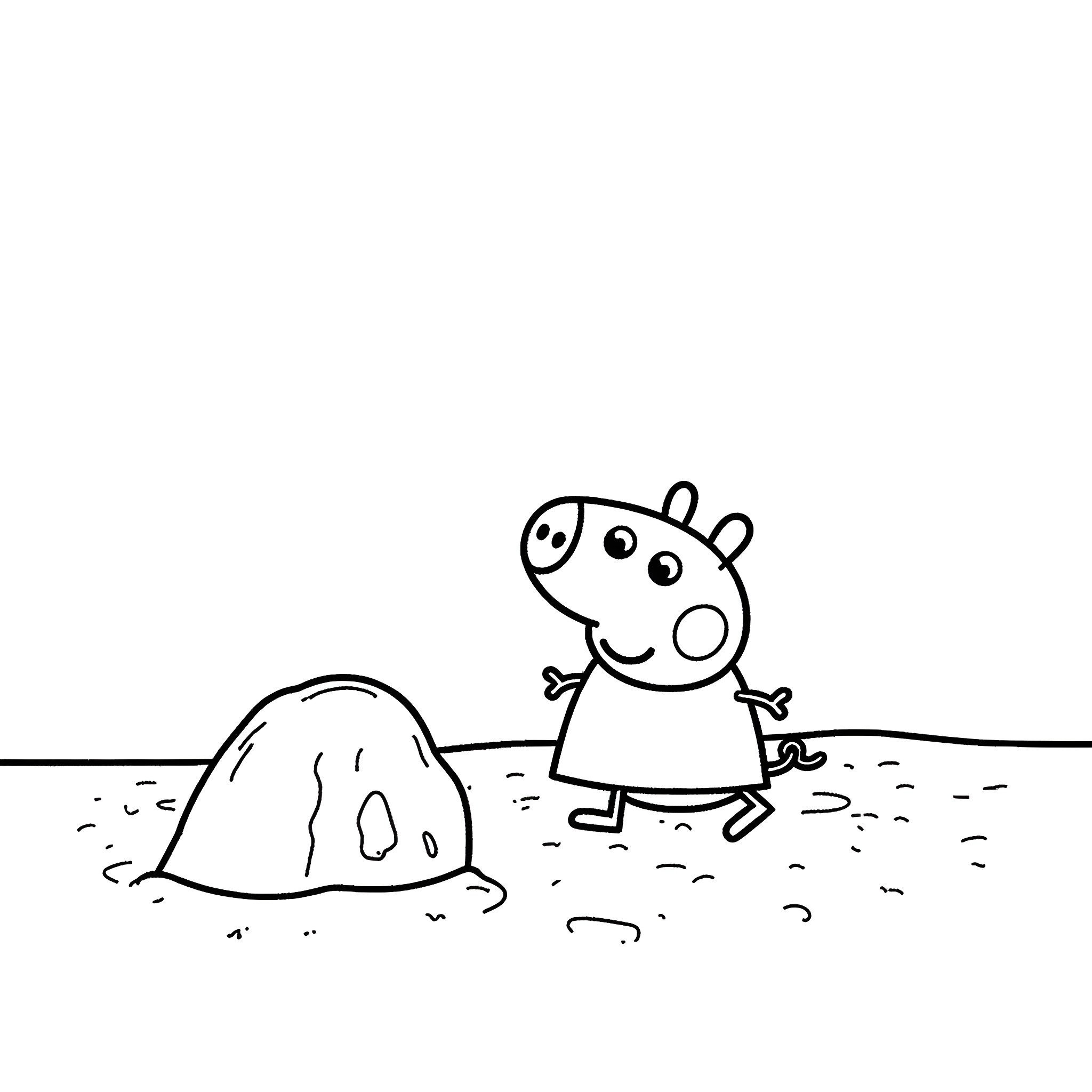 Peppa Pig playing in the mud Coloring Page (free black-and-white line drawing printable PDF for all, from beginners to advanced learners, including children, teens, adults, and seniors)