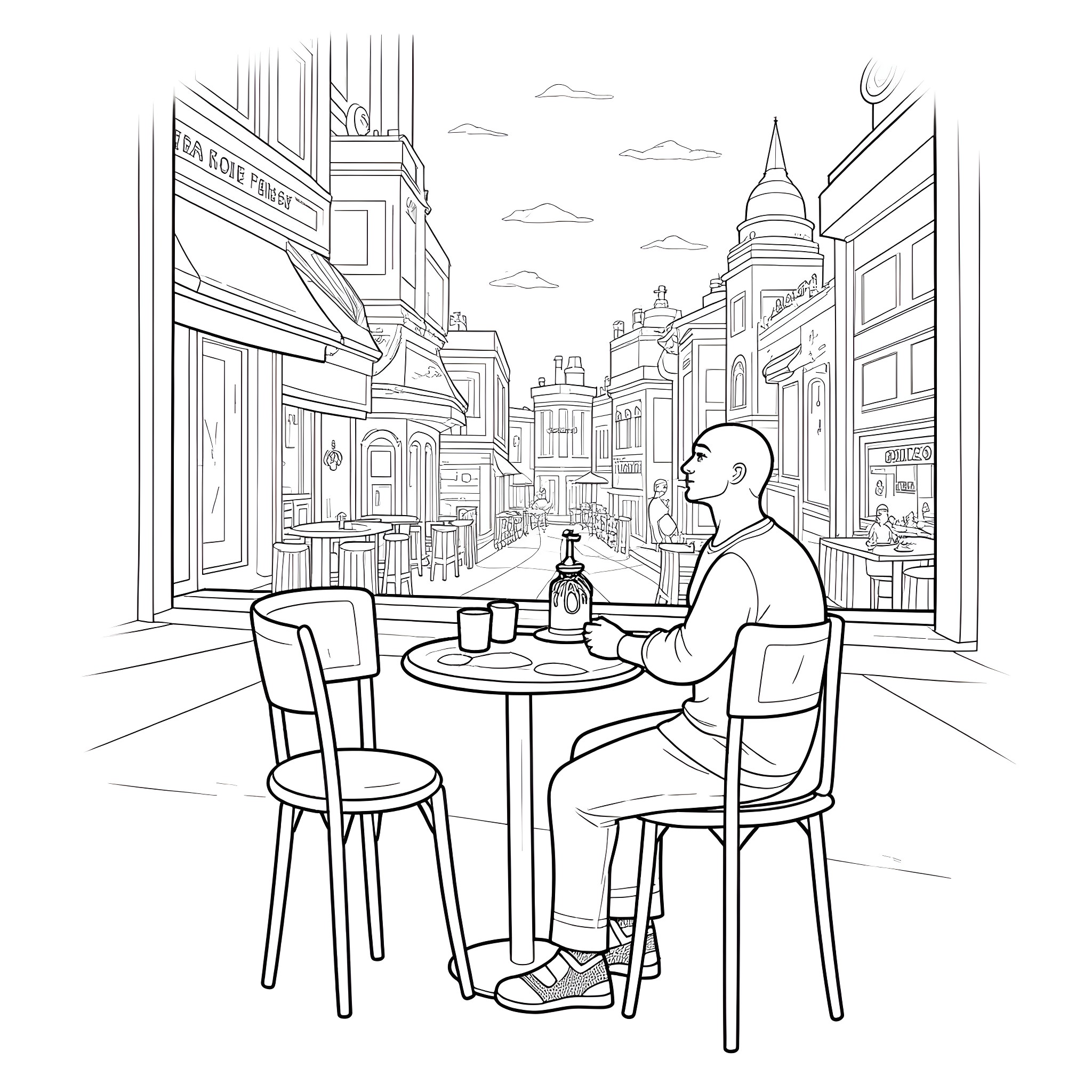 Dave Griffin enjoys coffee in the bustling city street Coloring Page (free black-and-white line drawing printable PDF for all, from beginners to advanced learners, including children, teens, adults, and seniors)