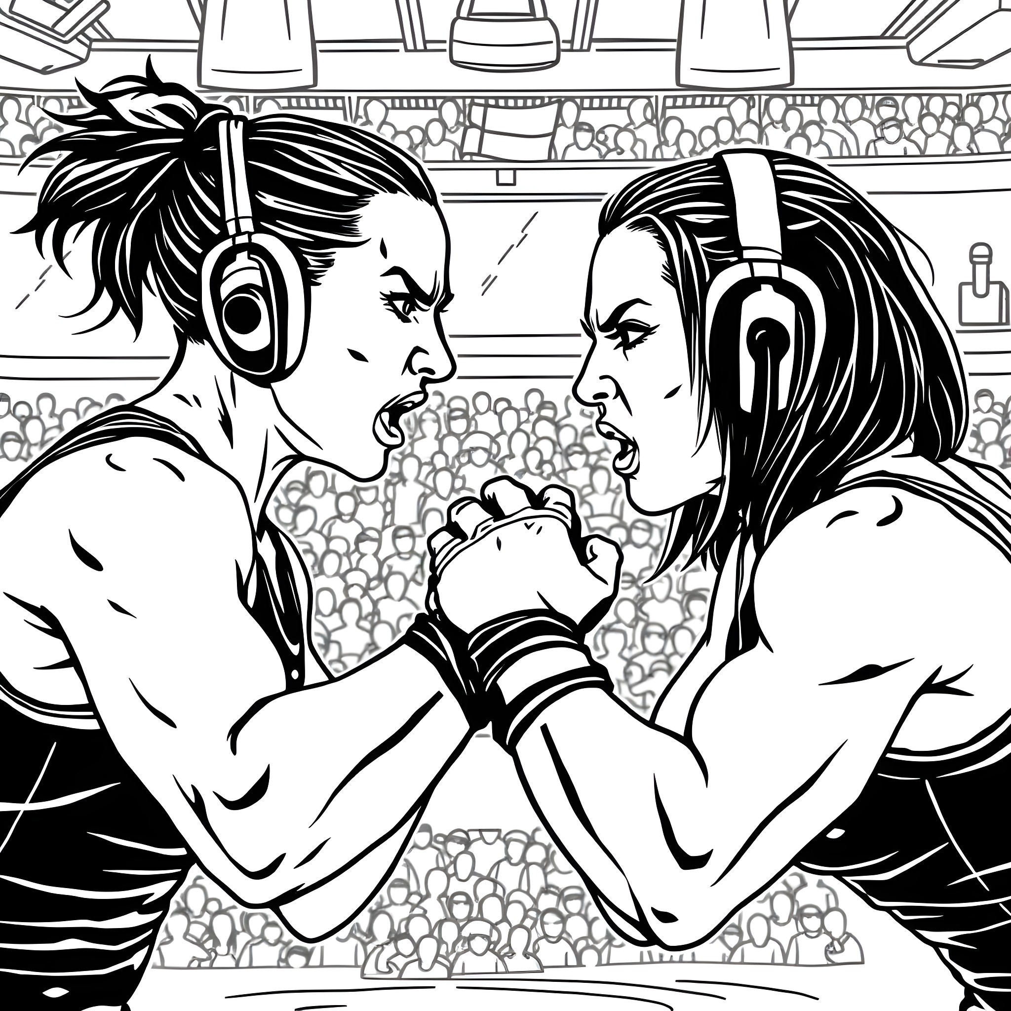 Woman engaged in an intense arm wrestling match Coloring Page (free black-and-white line drawing printable PDF for all, from beginners to advanced learners, including children, teens, adults, and seniors)