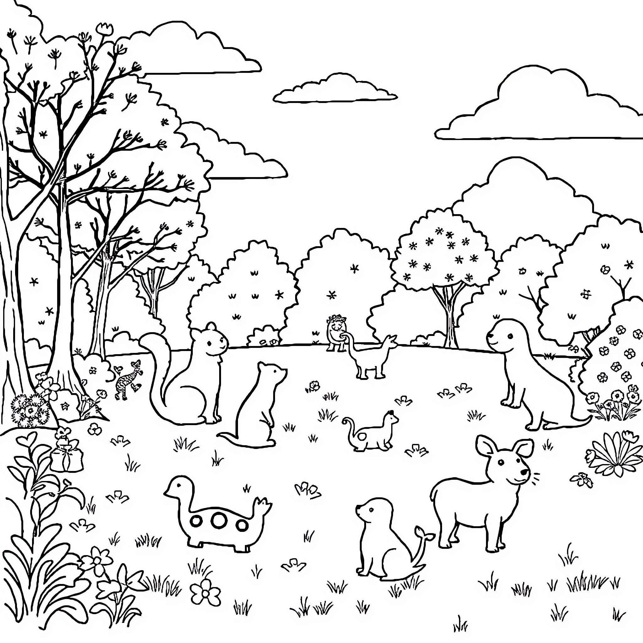 Animal friends in a whimsical woodland scene Coloring Page (free black-and-white line drawing printable PDF for all, from beginners to advanced learners, including children, teens, adults, and seniors)
