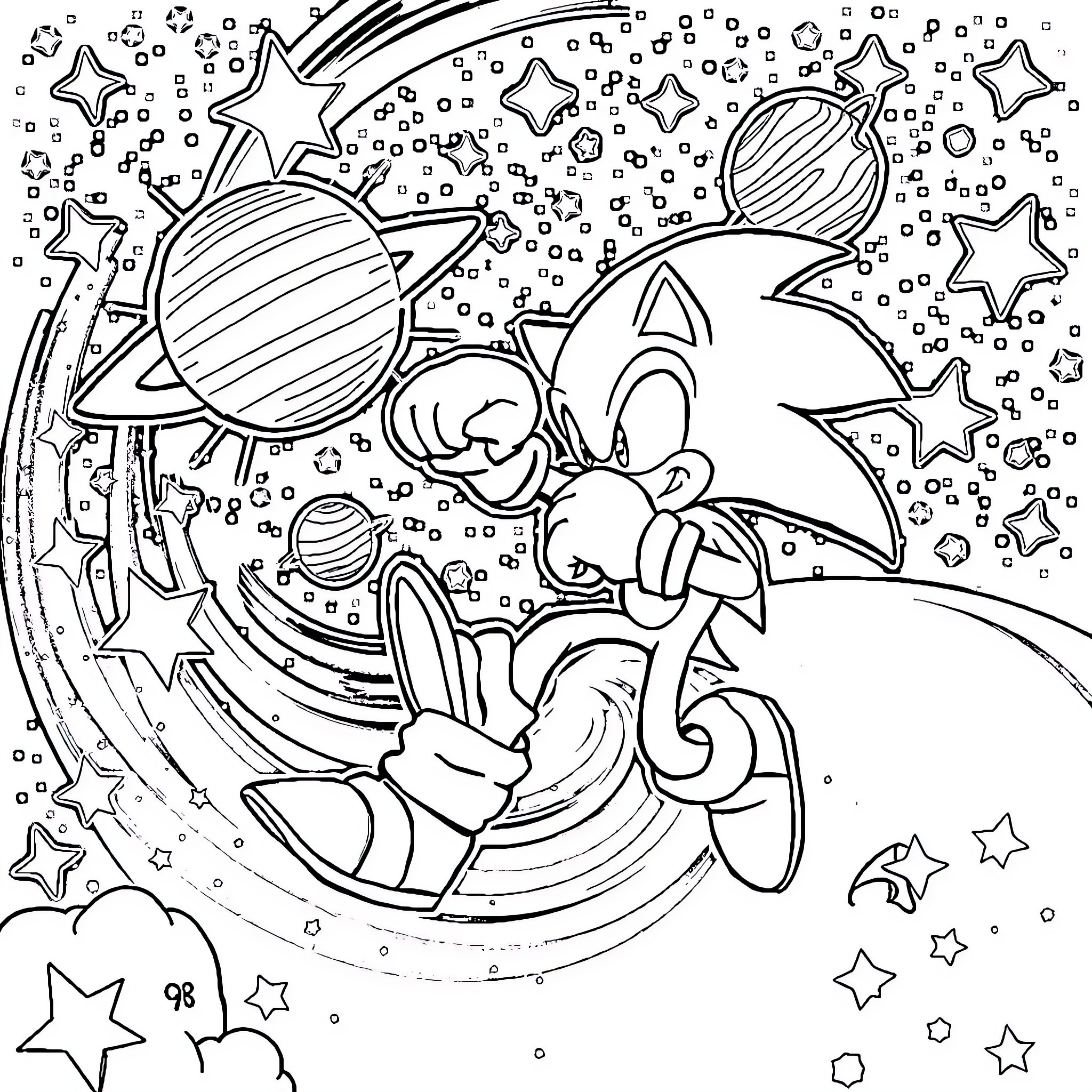 Sonic Soaring Through Cosmic Wonderland Coloring Page (free black-and-white line drawing printable PDF for all, from beginners to advanced learners, including children, teens, adults, and seniors)