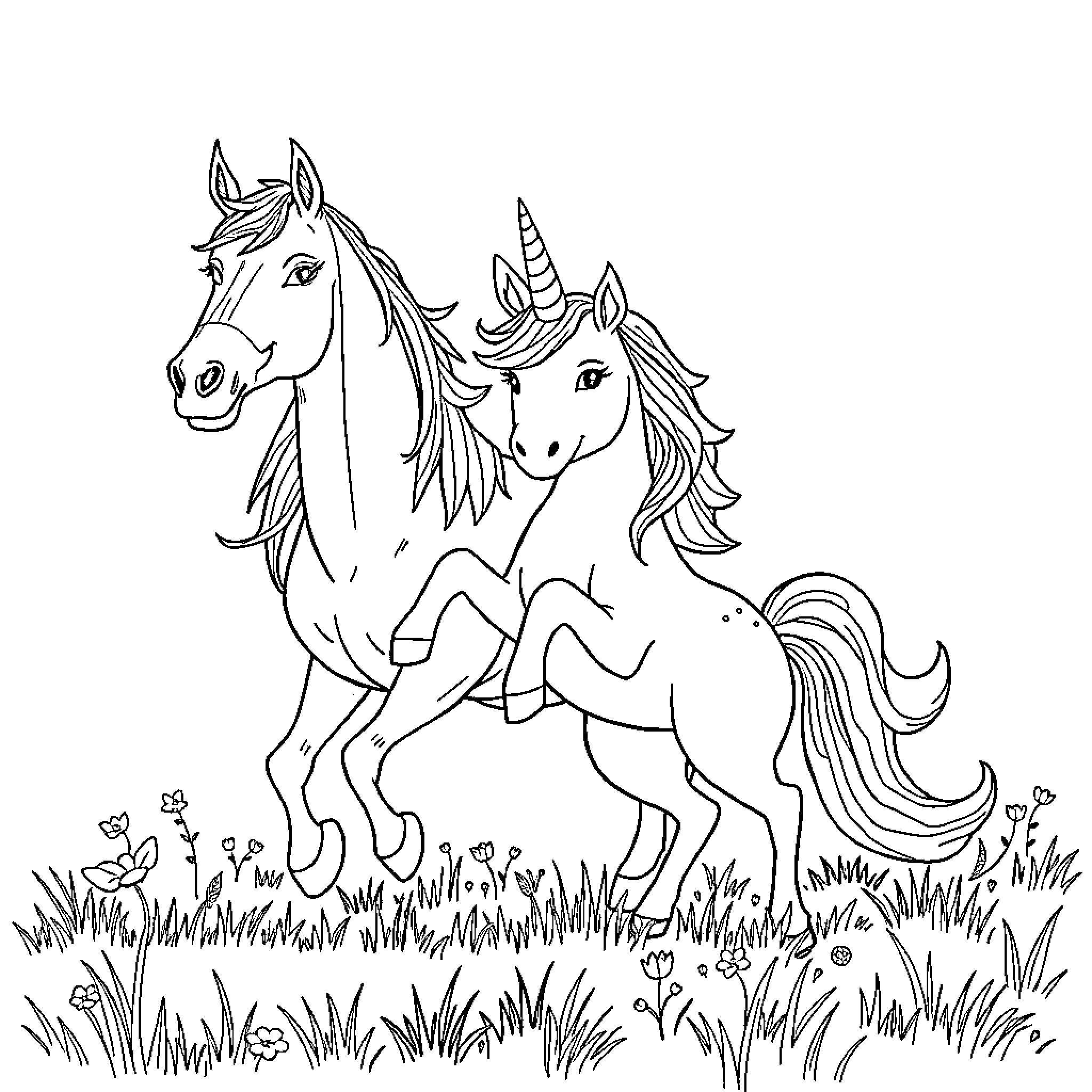 Unicorn pair frolicking playfully in the meadow Coloring Page (free black-and-white line drawing printable PDF for all, from beginners to advanced learners, including children, teens, adults, and seniors)