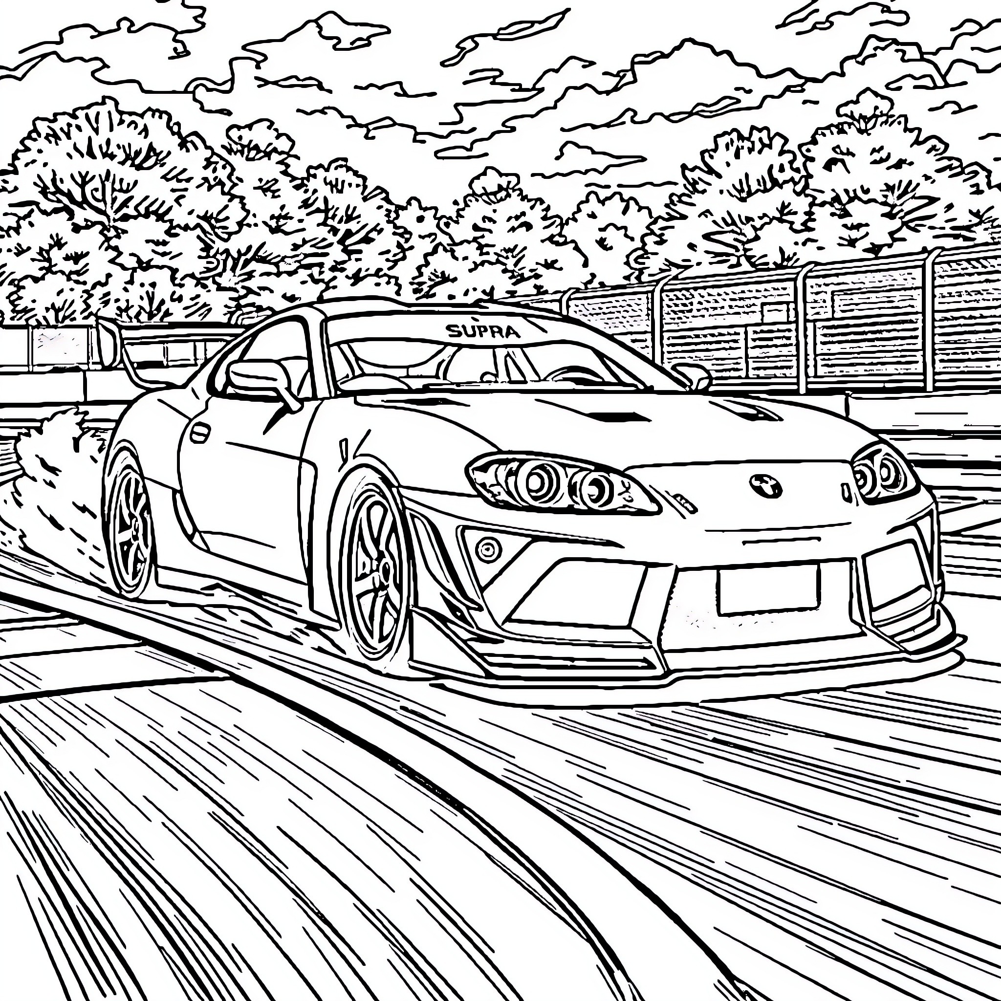 Supra Sports Car Speeding Through Scenic Landscape Coloring Page (free black-and-white line drawing printable PDF for all, from beginners to advanced learners, including children, teens, adults, and seniors)