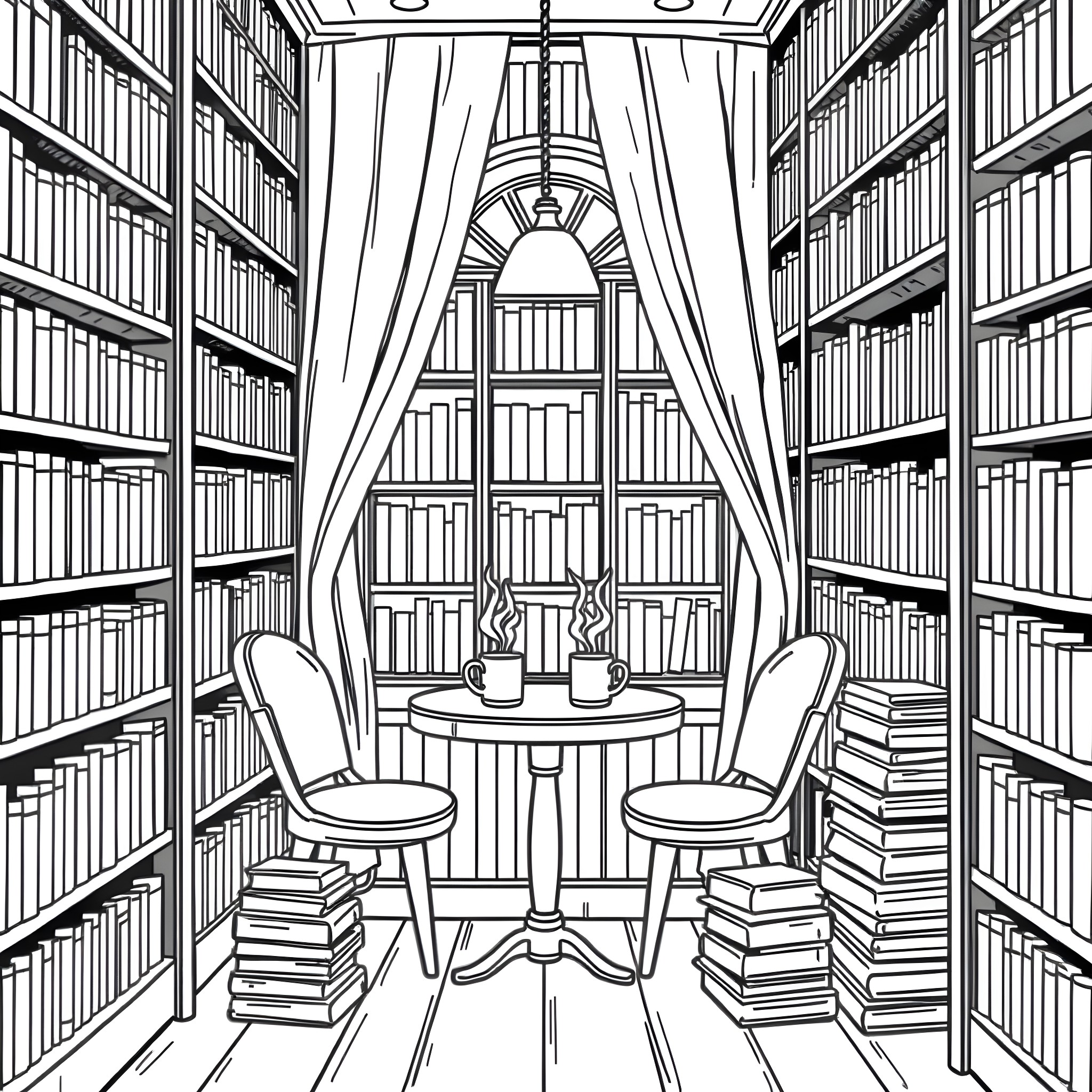 Book-themed Cozy Reading Nook Coloring Page (free black-and-white line drawing printable PDF for all, from beginners to advanced learners, including children, teens, adults, and seniors)